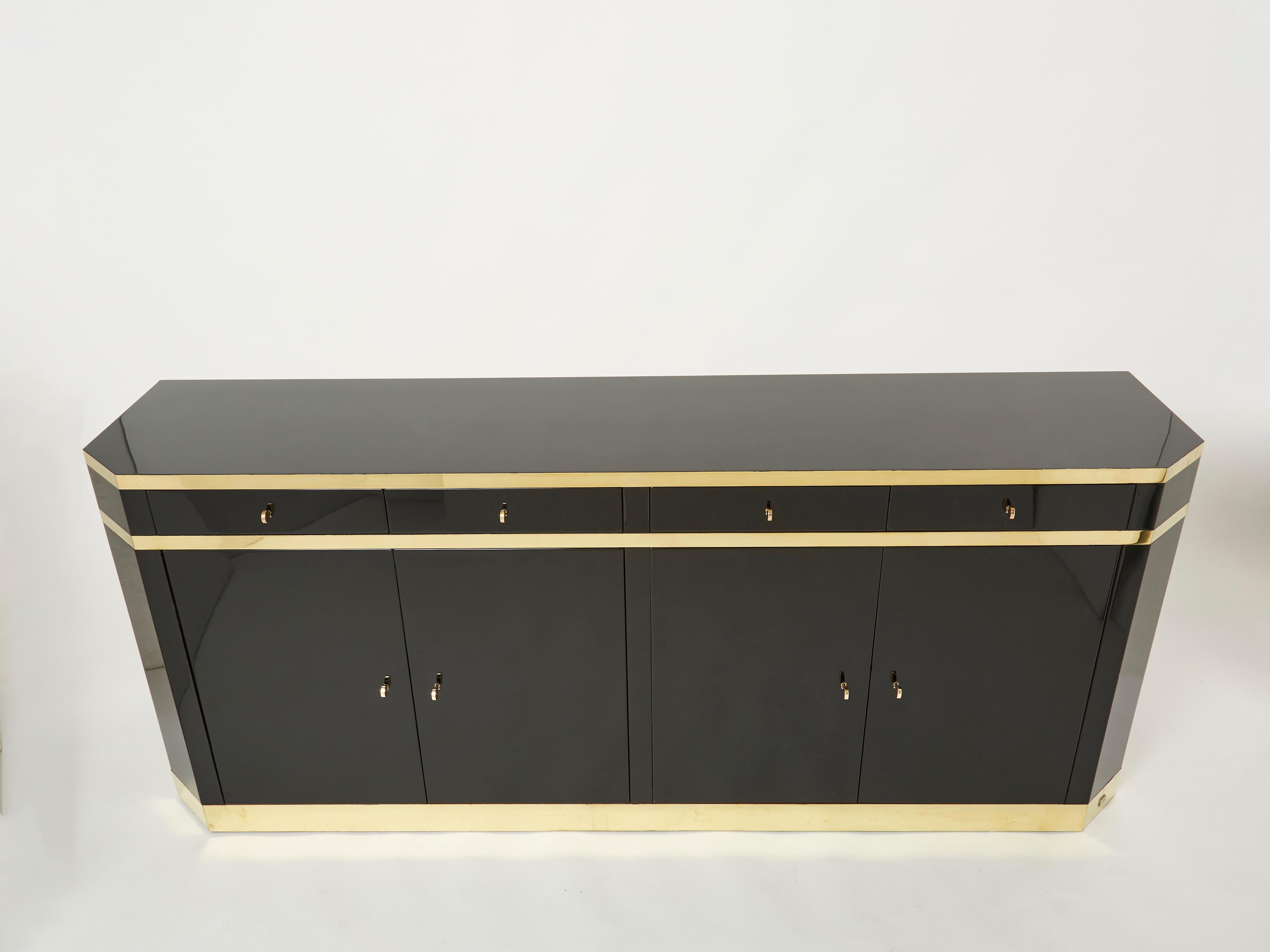 Mid-Century Modern Signed J.C. Mahey Brass Black Lacquered Sideboard 1970s For Sale
