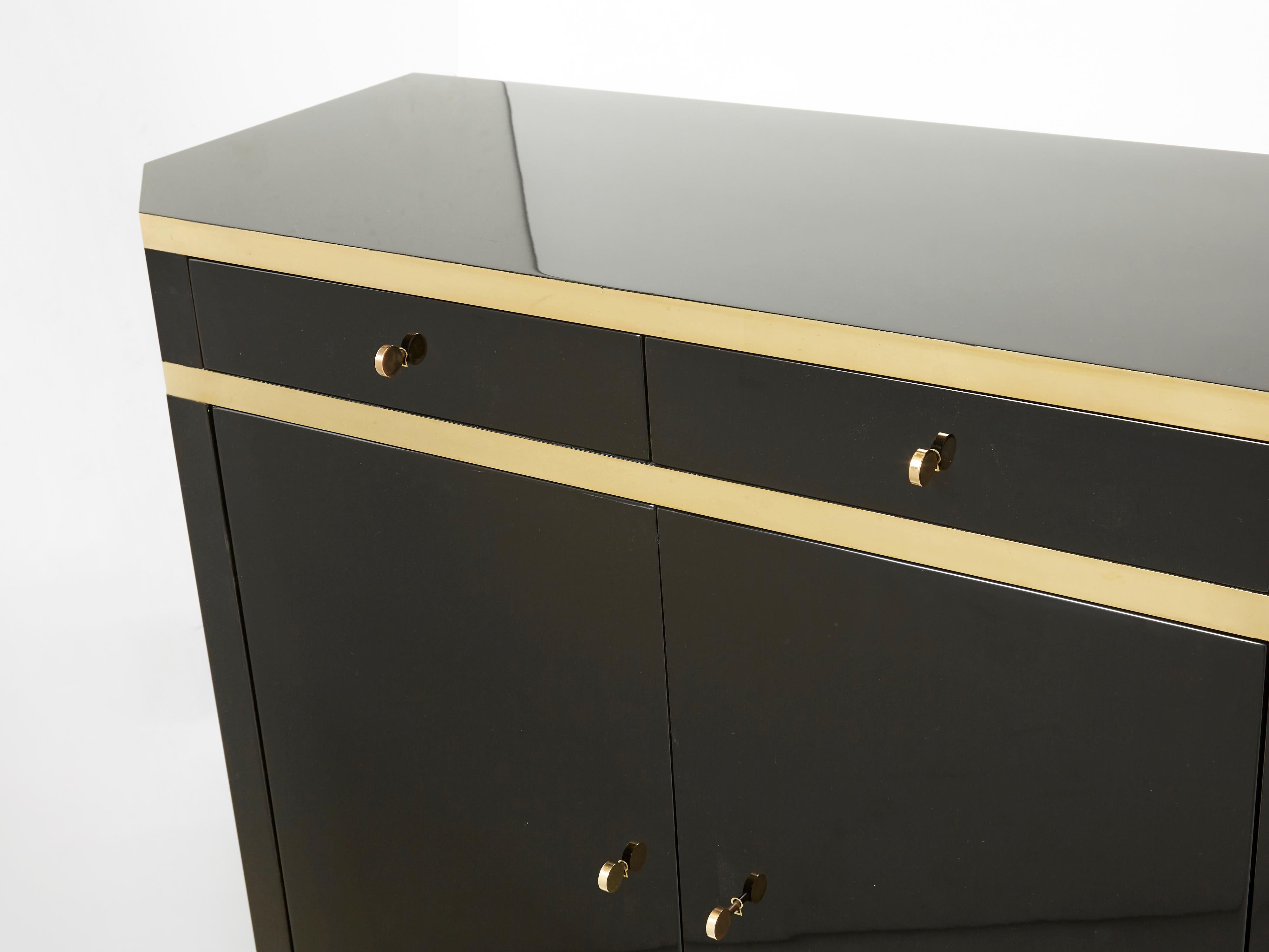 French Signed J.C. Mahey Brass Black Lacquered Sideboard 1970s For Sale