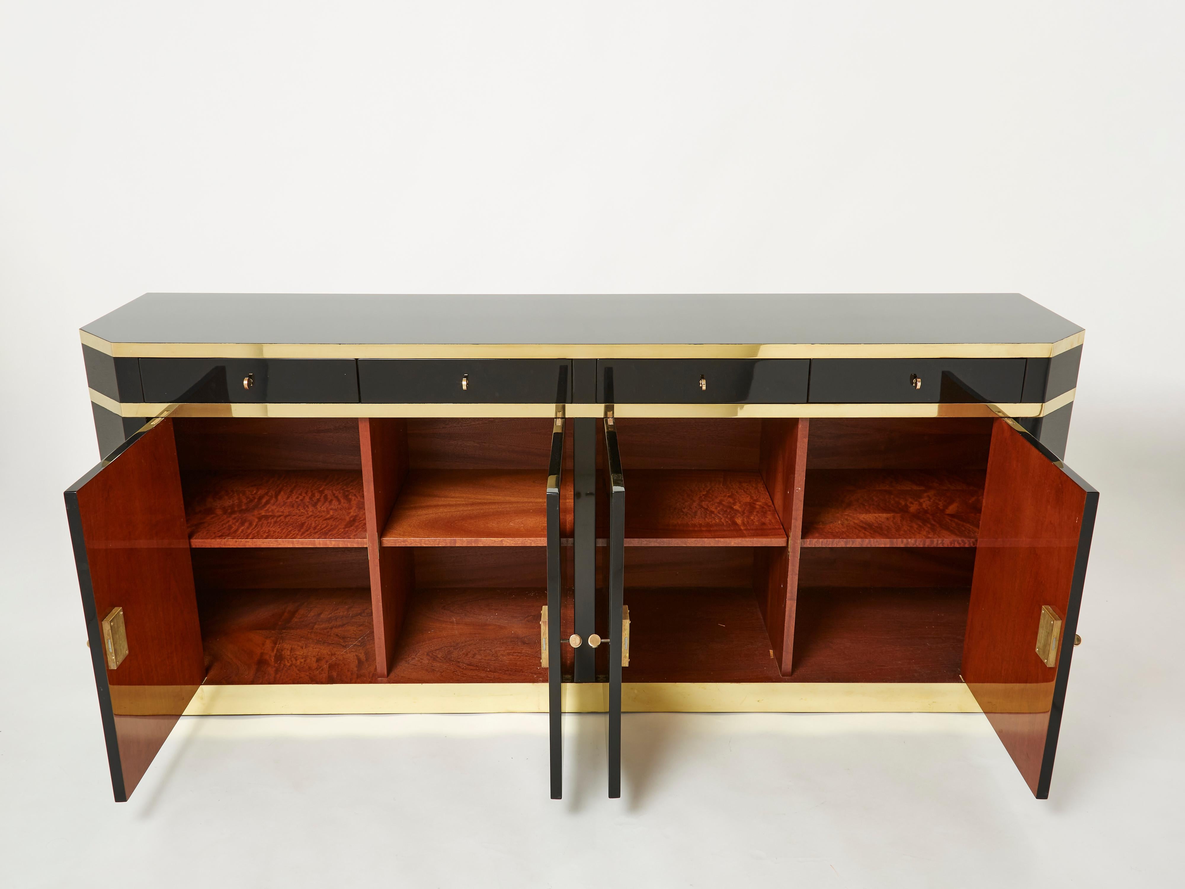 Signed J.C. Mahey Brass Black Lacquered Sideboard 1970s In Good Condition For Sale In Paris, IDF