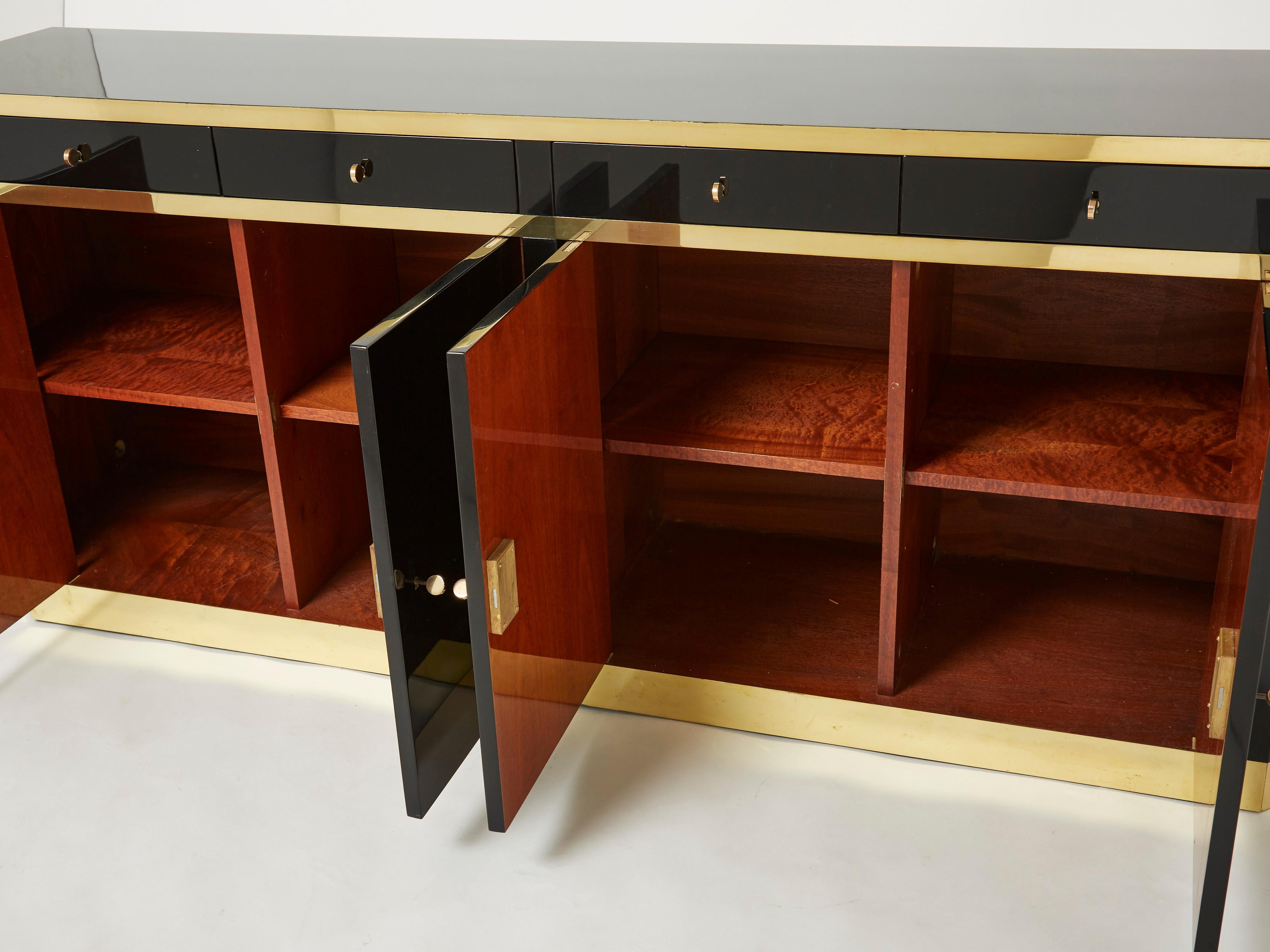 Late 20th Century Signed J.C. Mahey Brass Black Lacquered Sideboard 1970s For Sale