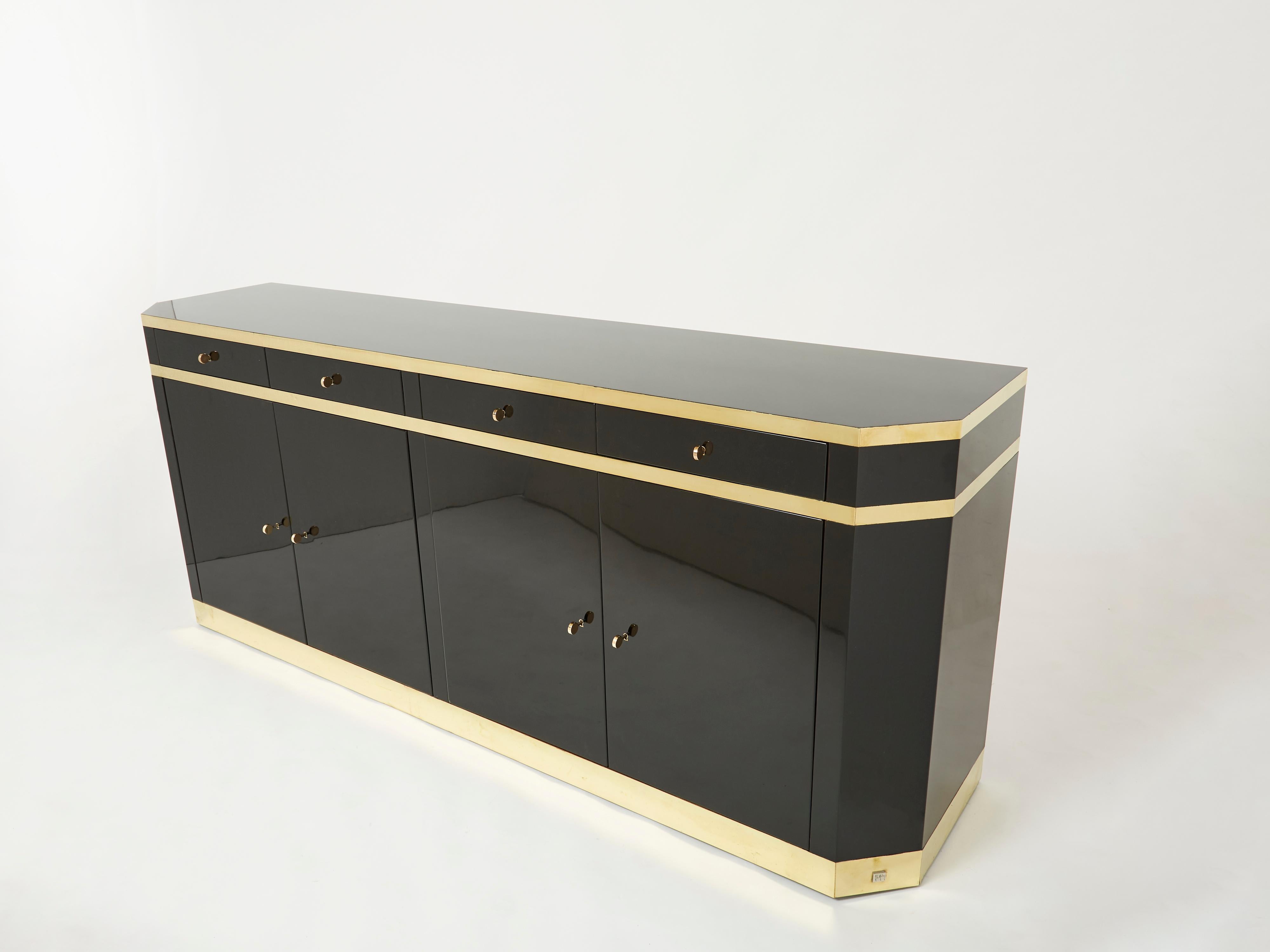 Signed J.C. Mahey Brass Black Lacquered Sideboard 1970s For Sale 1