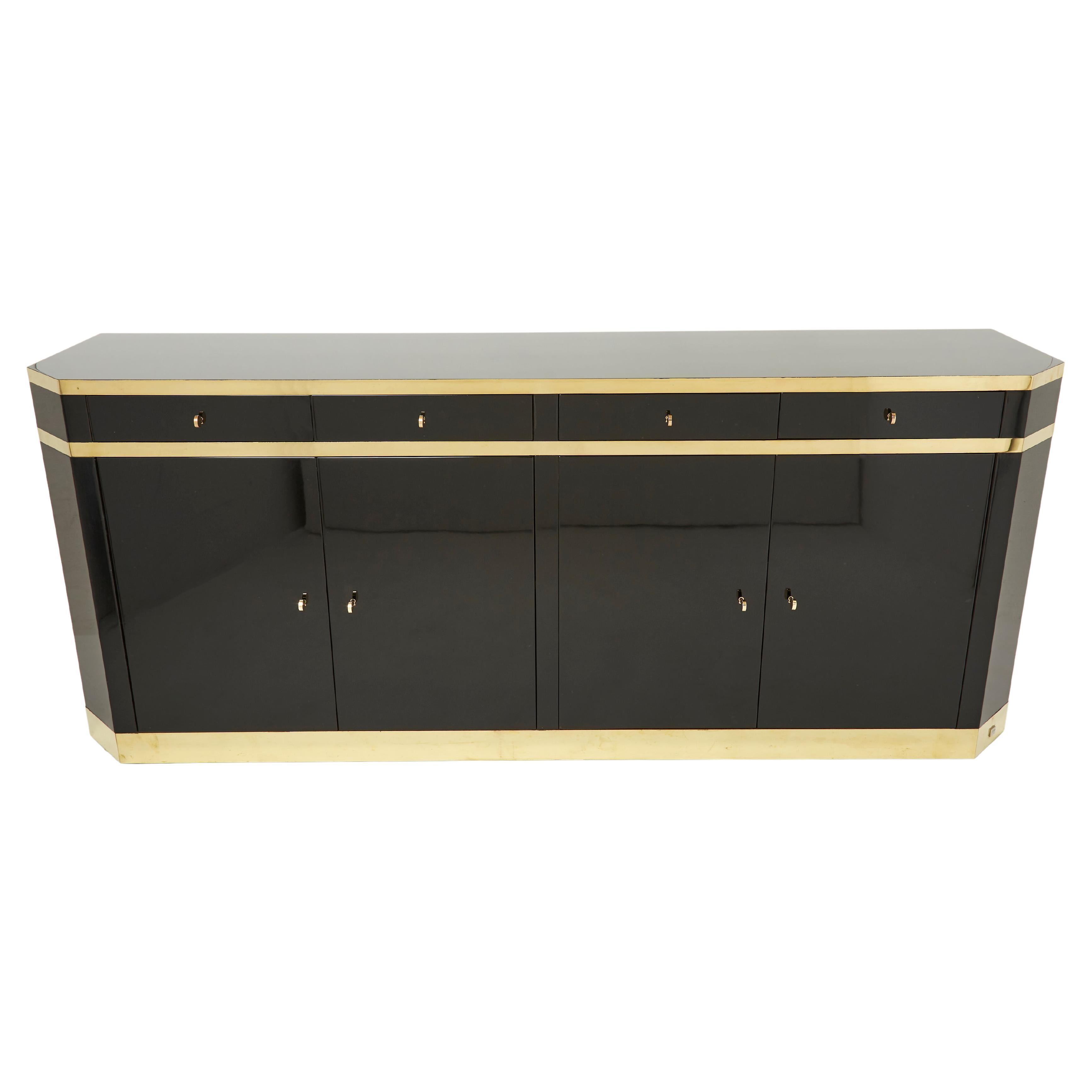 Signed J.C. Mahey Brass Black Lacquered Sideboard 1970s