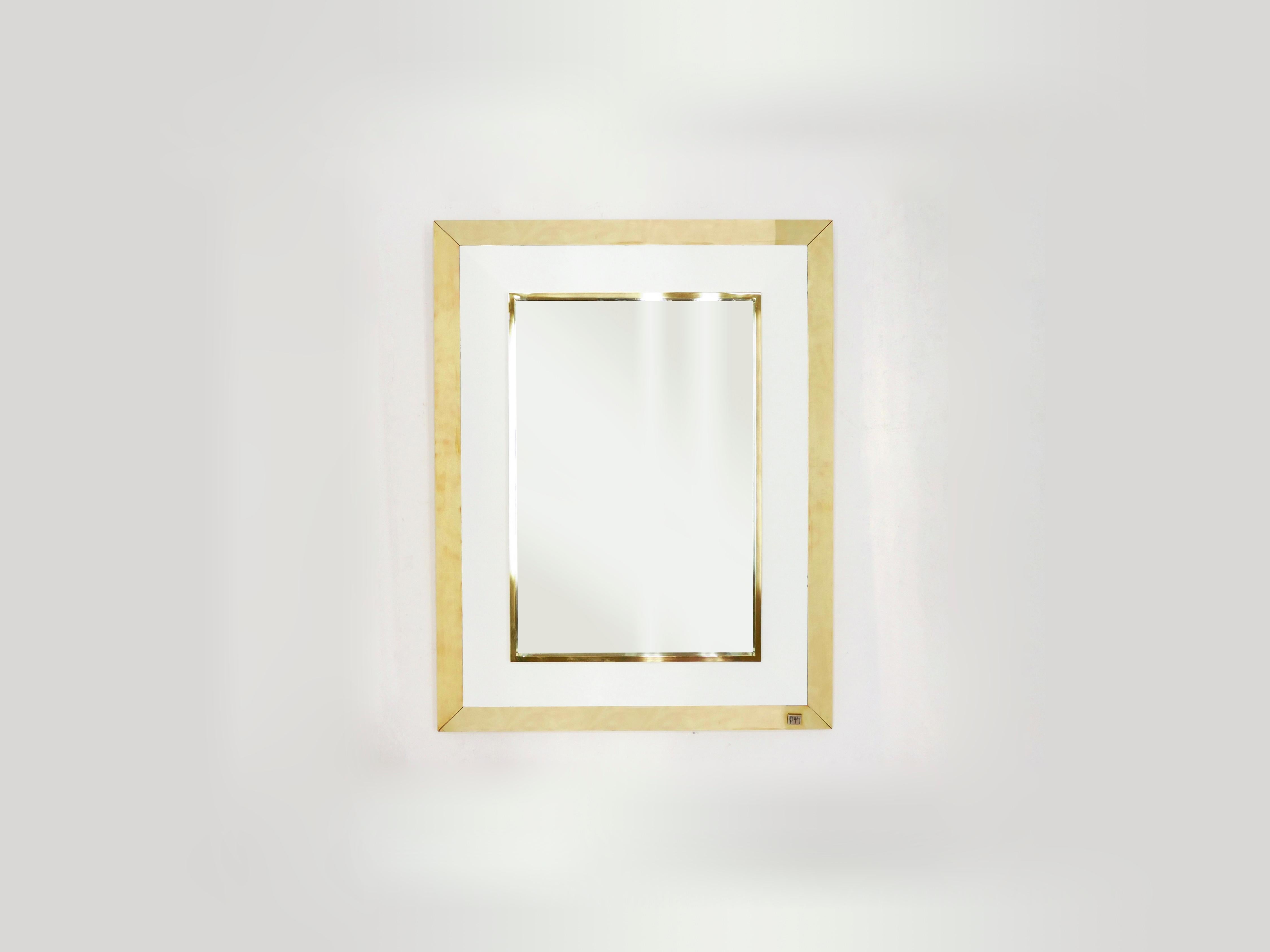 Mid-Century Modern Signed J.C. Mahey Wall Mirror in White Lacquer and Brass, 1970 For Sale