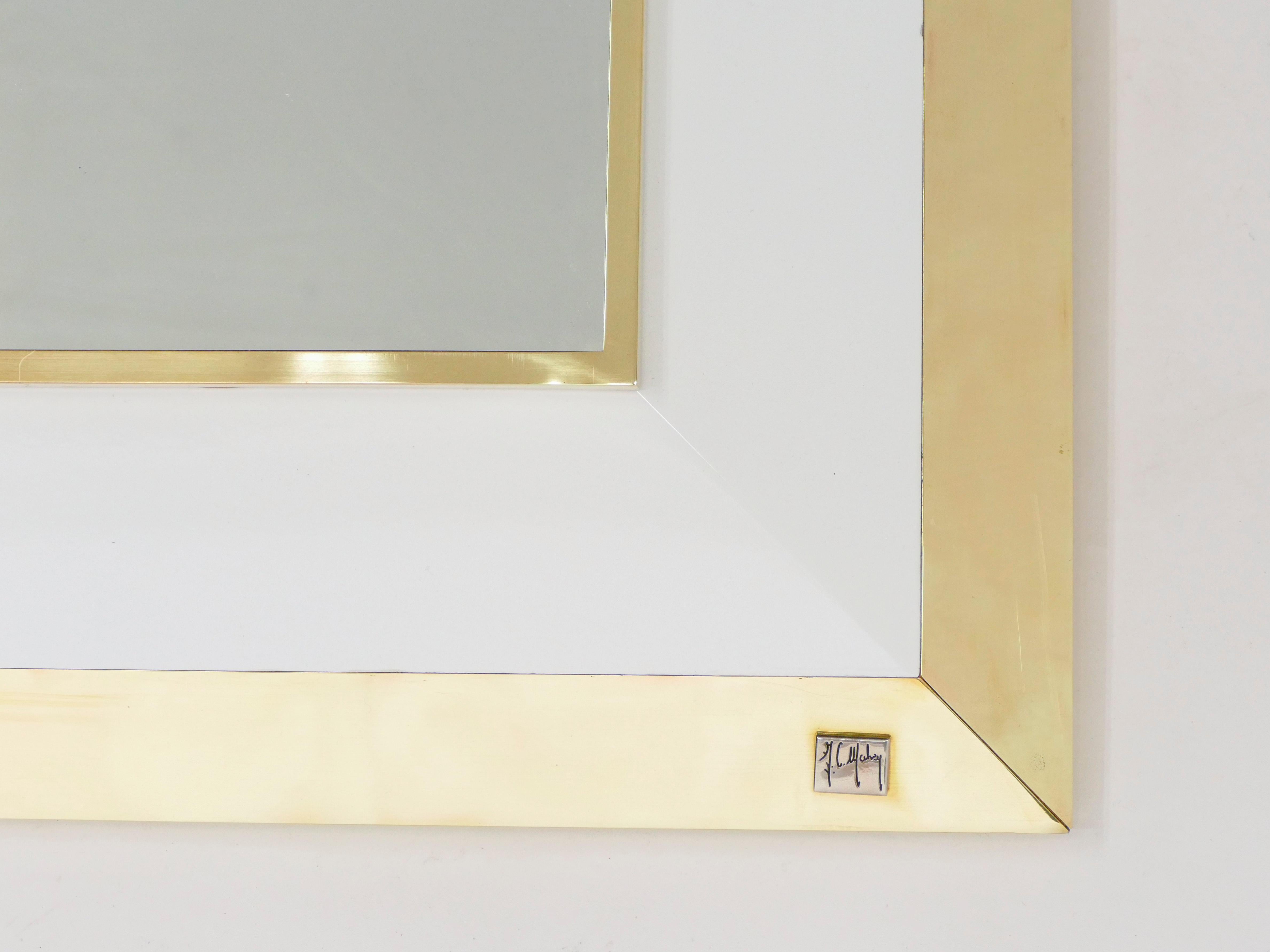 French Signed J.C. Mahey Wall Mirror in White Lacquer and Brass, 1970 For Sale