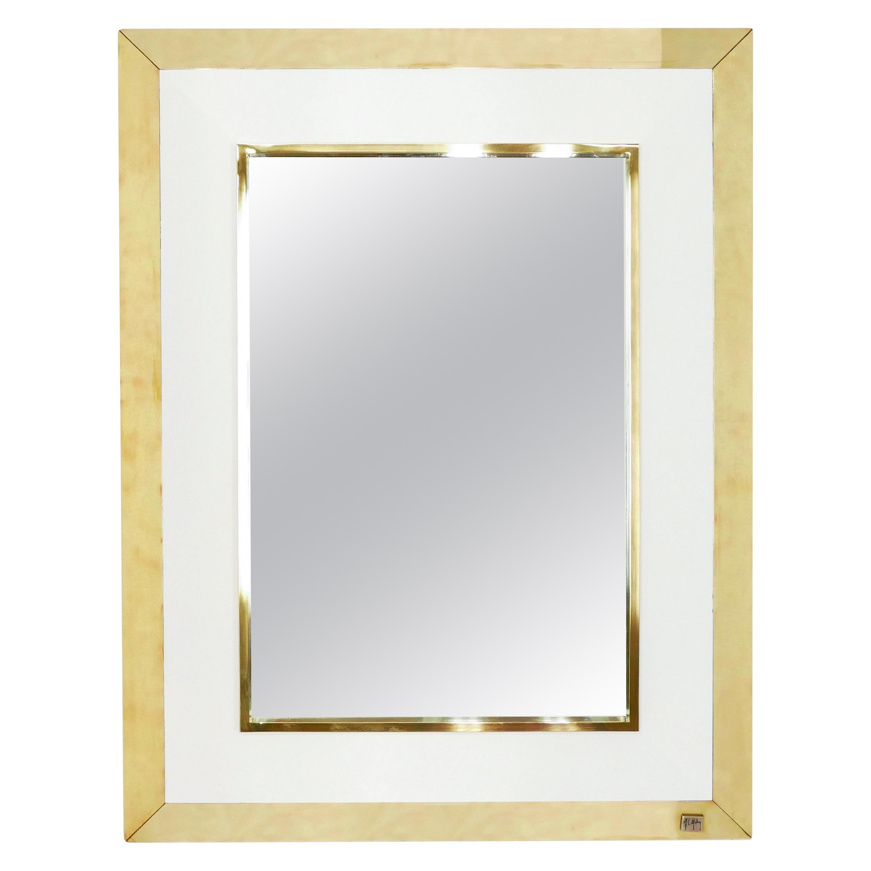 Signed J.C. Mahey Wall Mirror in White Lacquer and Brass, 1970