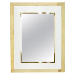 Vintage Signed J.C. Mahey Wall Mirror in White Lacquer and Brass, 1970