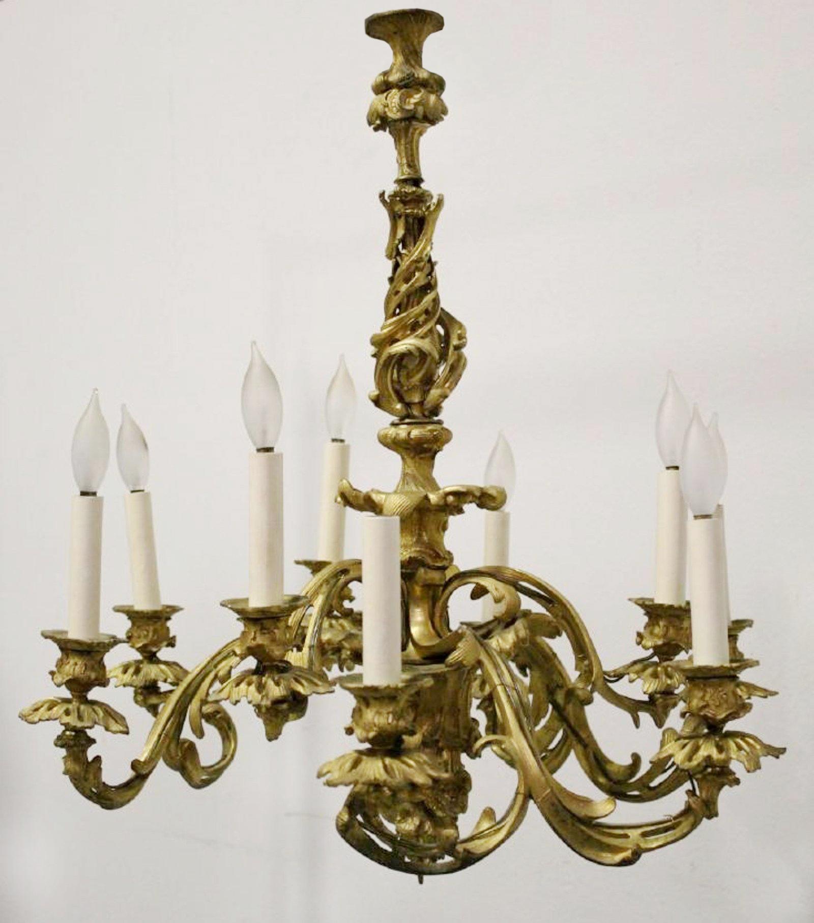 Gilt Signed JD 19c Louis XV Style Ormolu 9 Light Chandelier For Sale