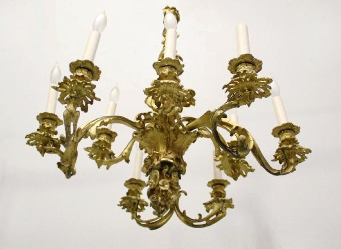 Signed JD 19c Louis XV Style Ormolu 9 Light Chandelier In Good Condition For Sale In Cypress, CA