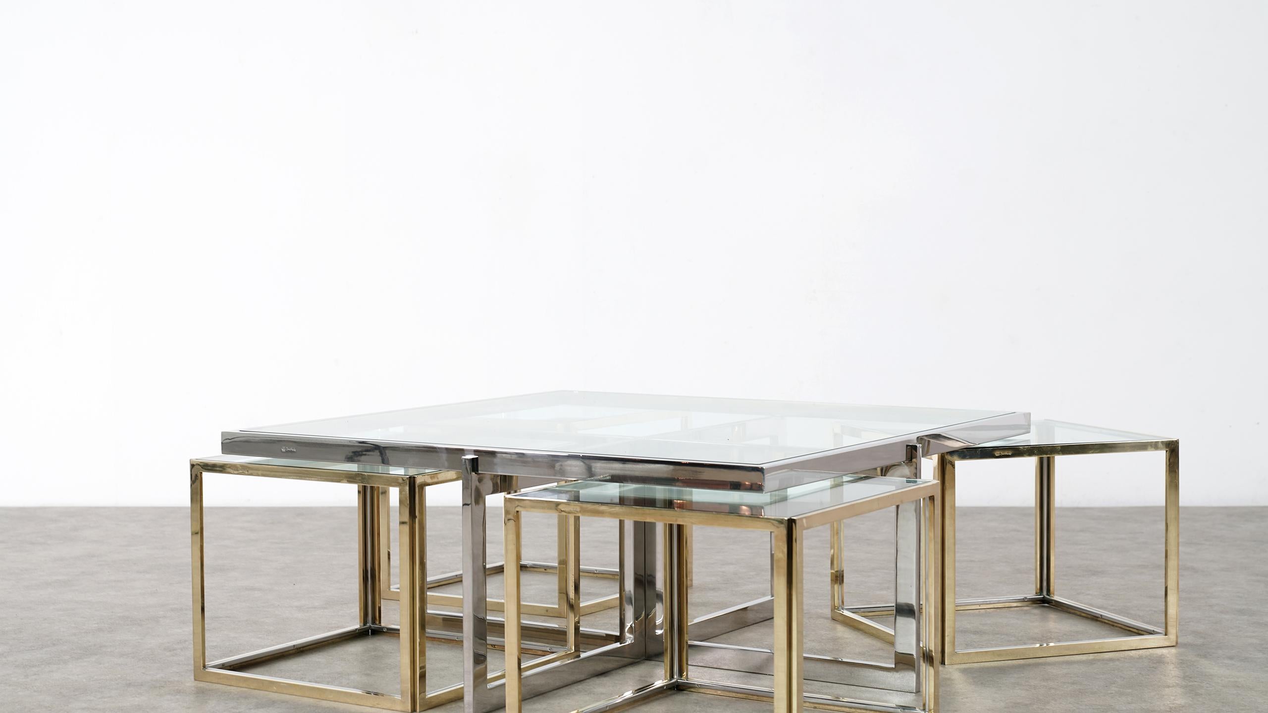 Mid-Century Modern Signed Jean Charles Maison Huge Coffee Table Chrome & Brass, 4 Nesting Tables