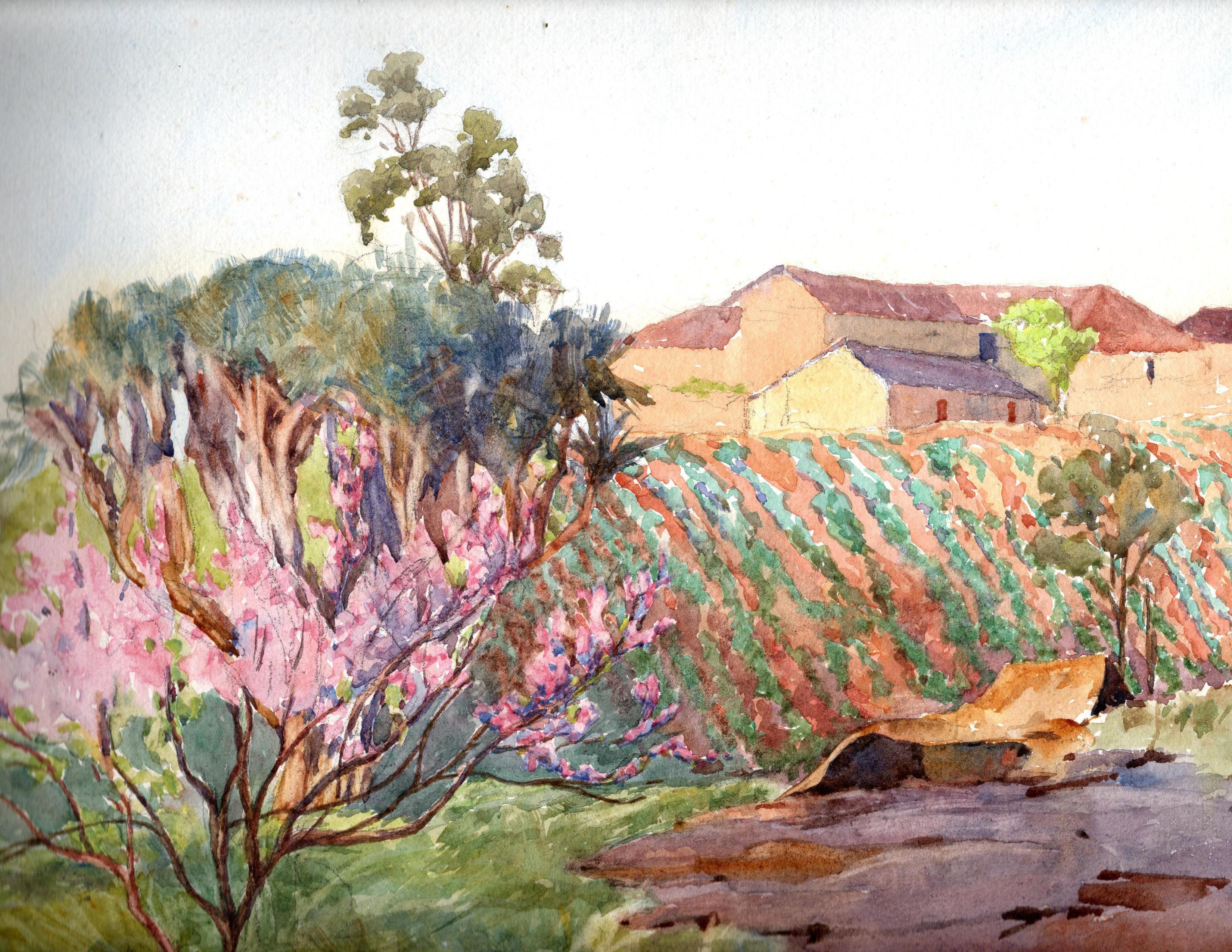 Ein schönes und gekonnt gemaltes Originalaquarell einer ländlichen Landschaftsszene von der britischen Aquarellmalerin Jessie E. Muntz aus den frühen 1900er Jahren. Auf der Rückseite des Rahmens ist eine Beschreibung des Gemäldes angebracht.