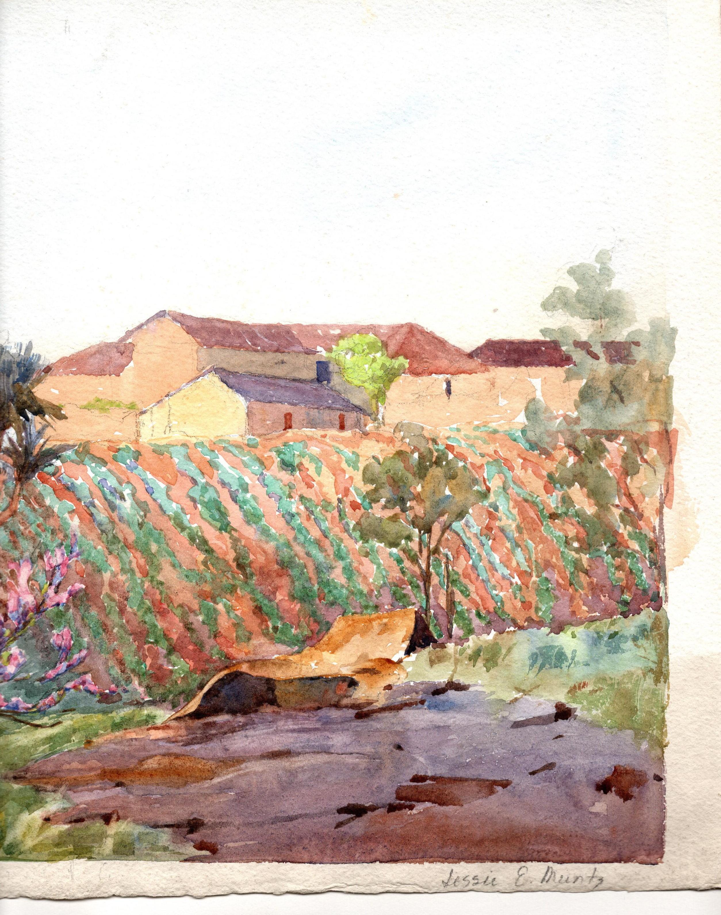 Signiert Jessie E. Muntz (Great Britian, aktiv 1903-1924) Landschaft, Aquarell, signiert (Britisch) im Angebot