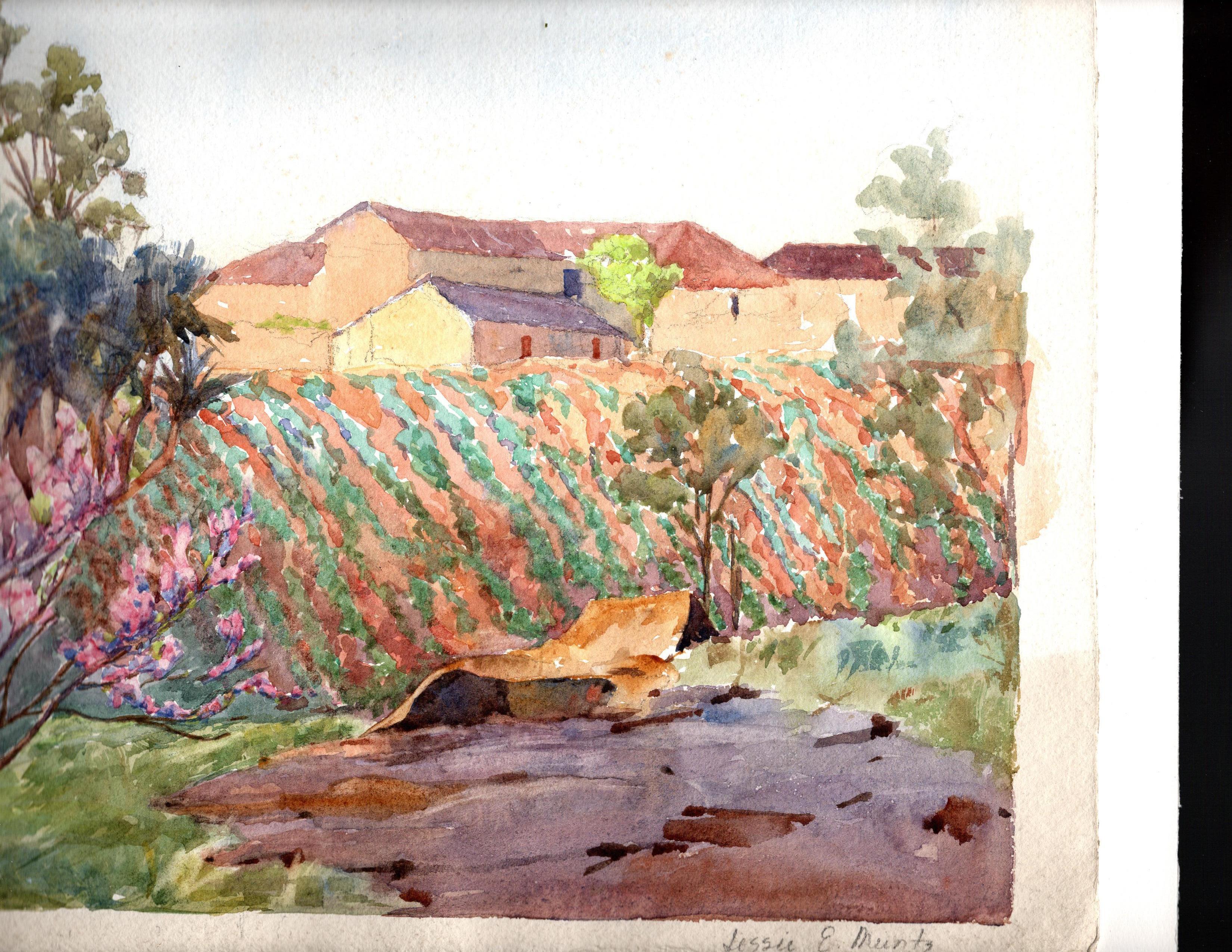 Signiert Jessie E. Muntz (Great Britian, aktiv 1903-1924) Landschaft, Aquarell, signiert (Handbemalt) im Angebot