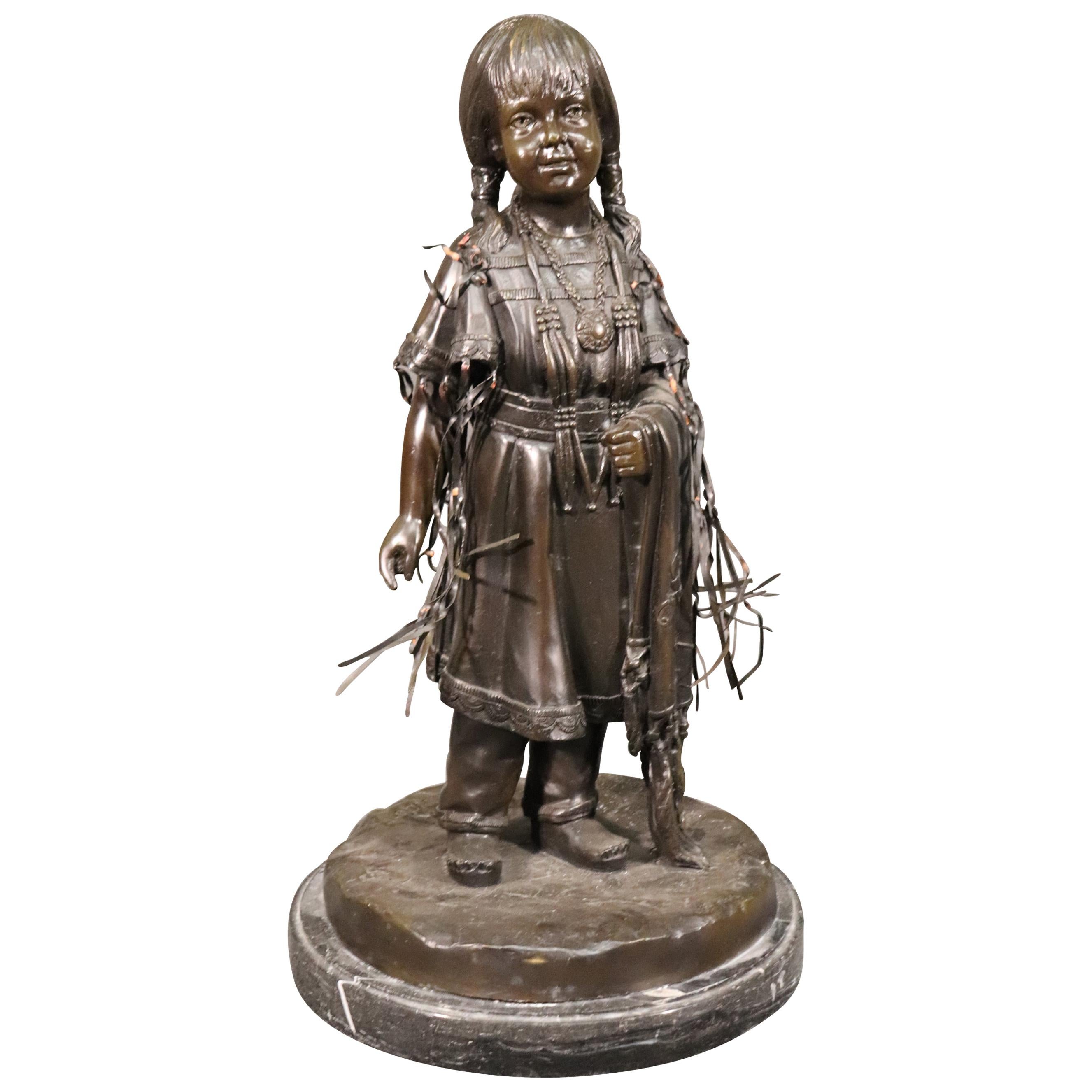 Signed Jim Davidson Solid Bronze Native American Girl Statue