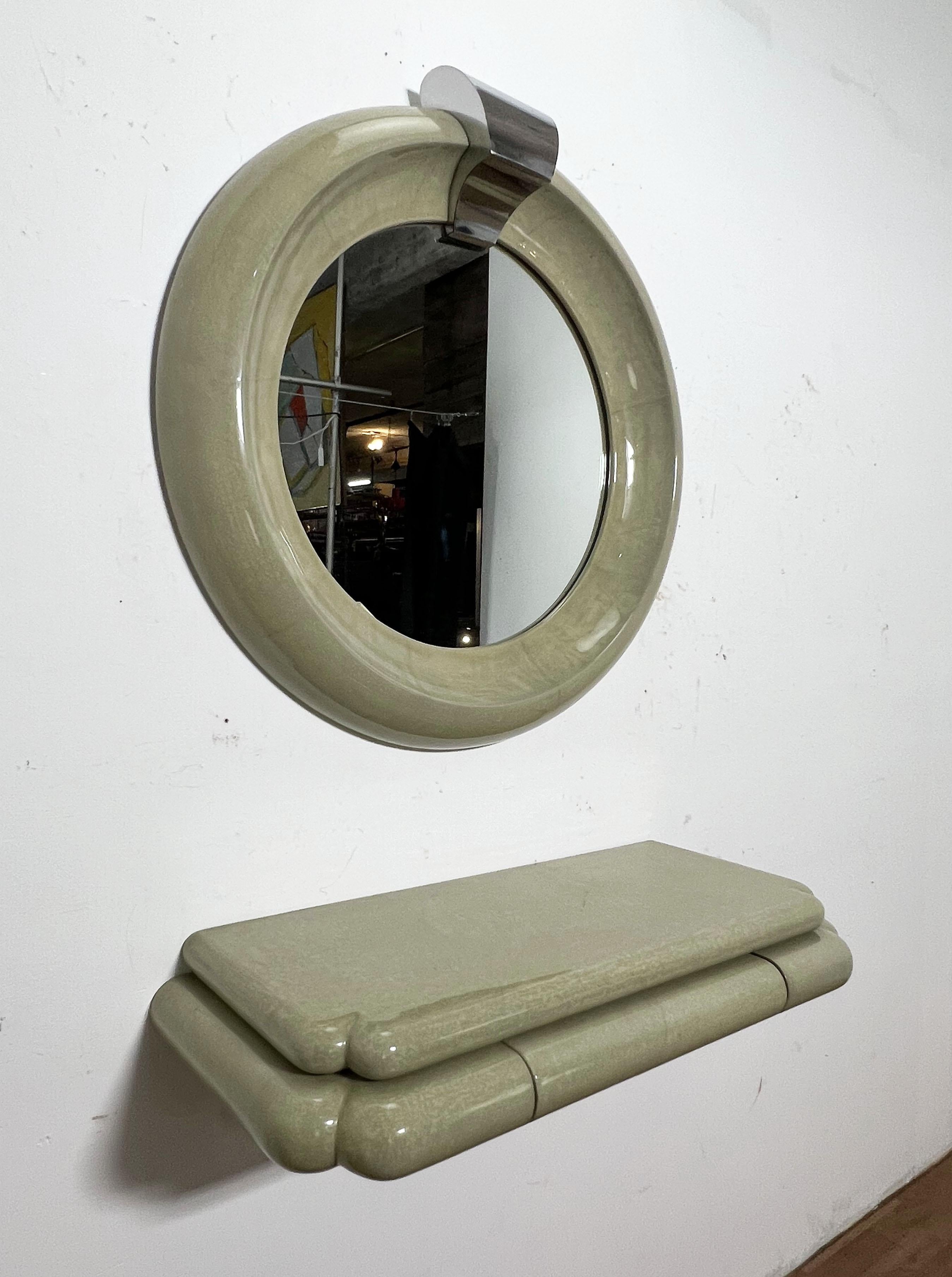 Post-Modern Signed Jimeco Ltda Goatskin Mirror With Matching Wall Mounted Console, d. 1987 For Sale