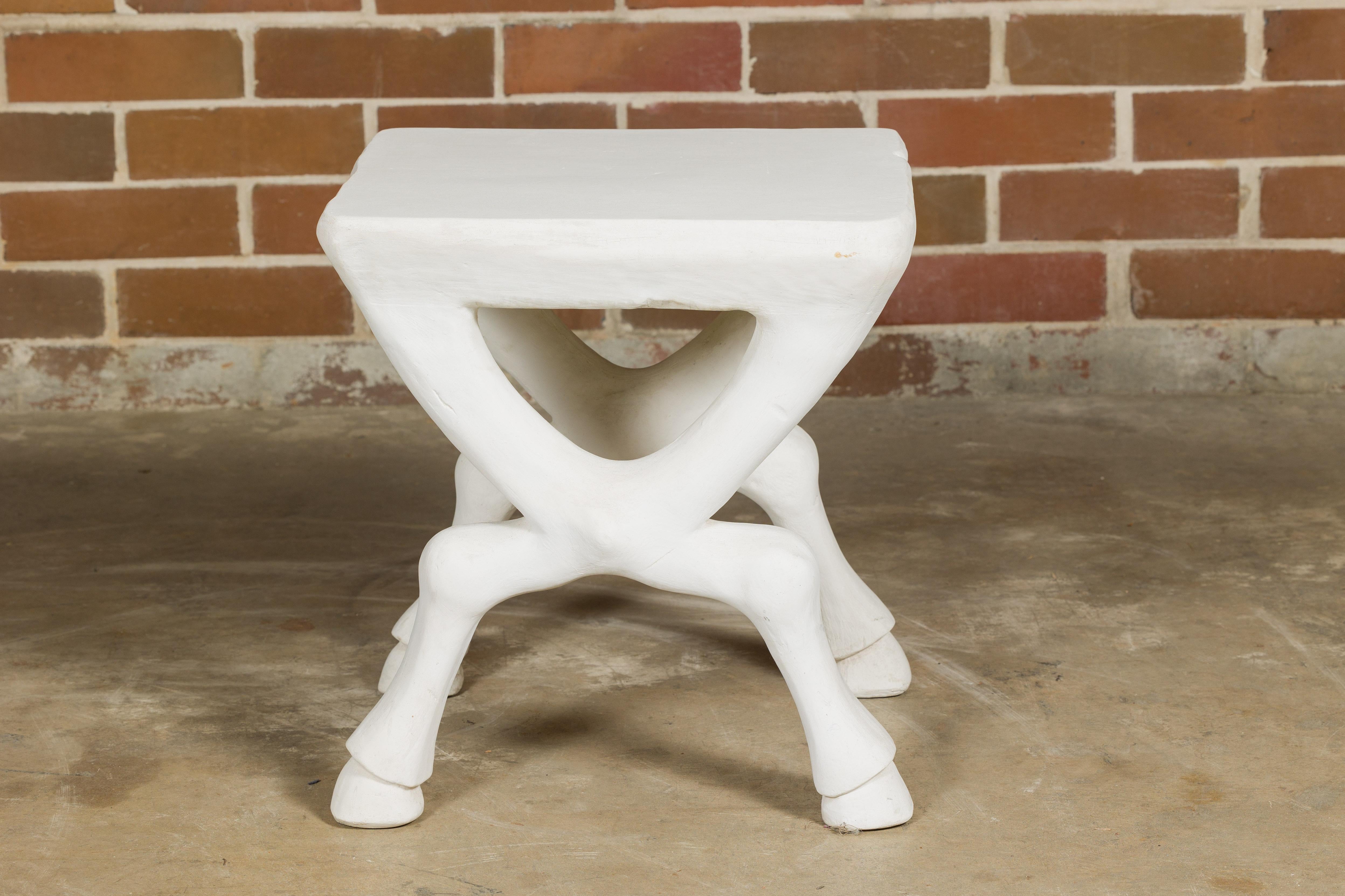 American Signed John Dickinson 1970s White Plaster Low Side Table with Hoofed Feet For Sale
