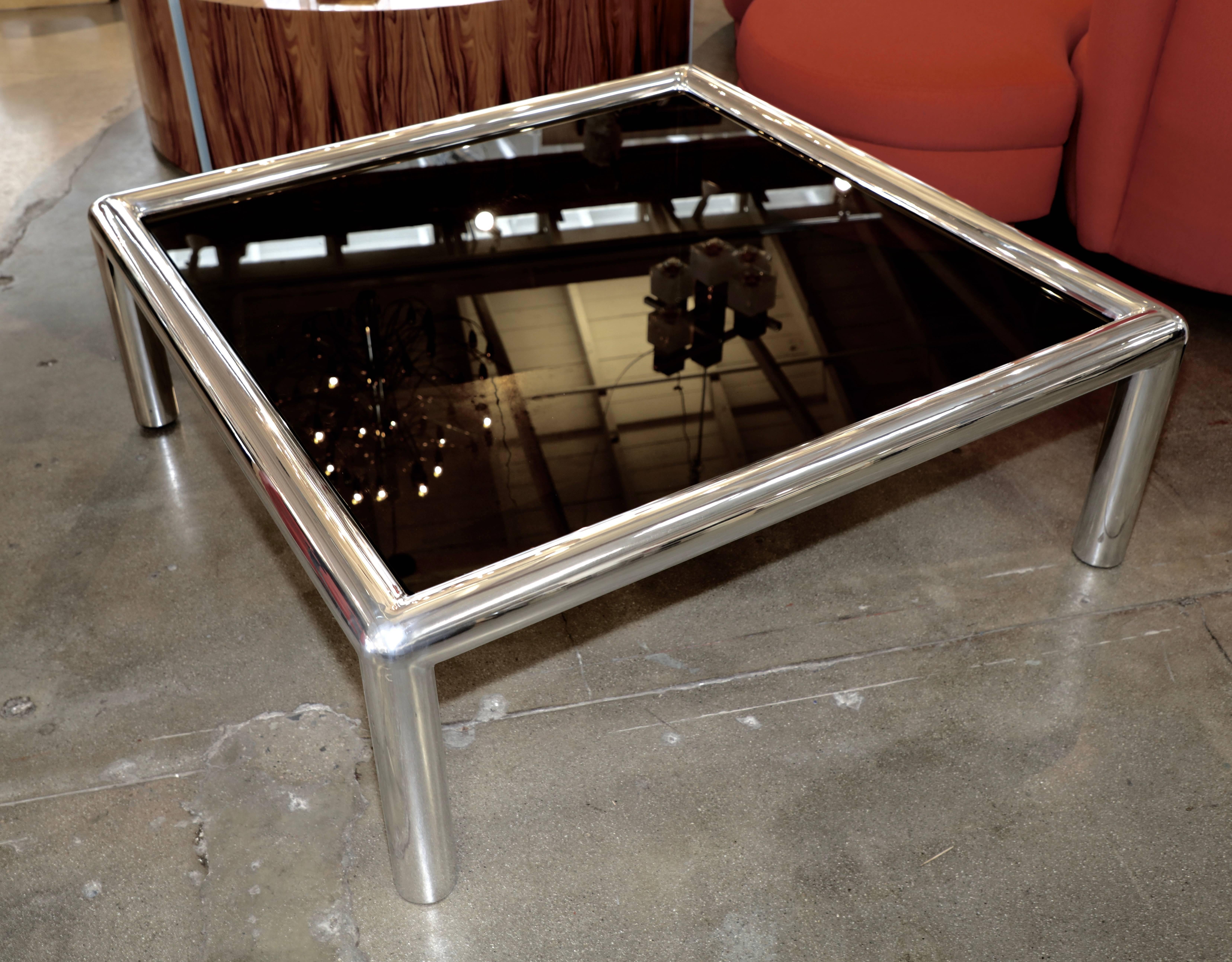 American Signed John Mascheroni Aluminum Table with New Bronze Colored Glass