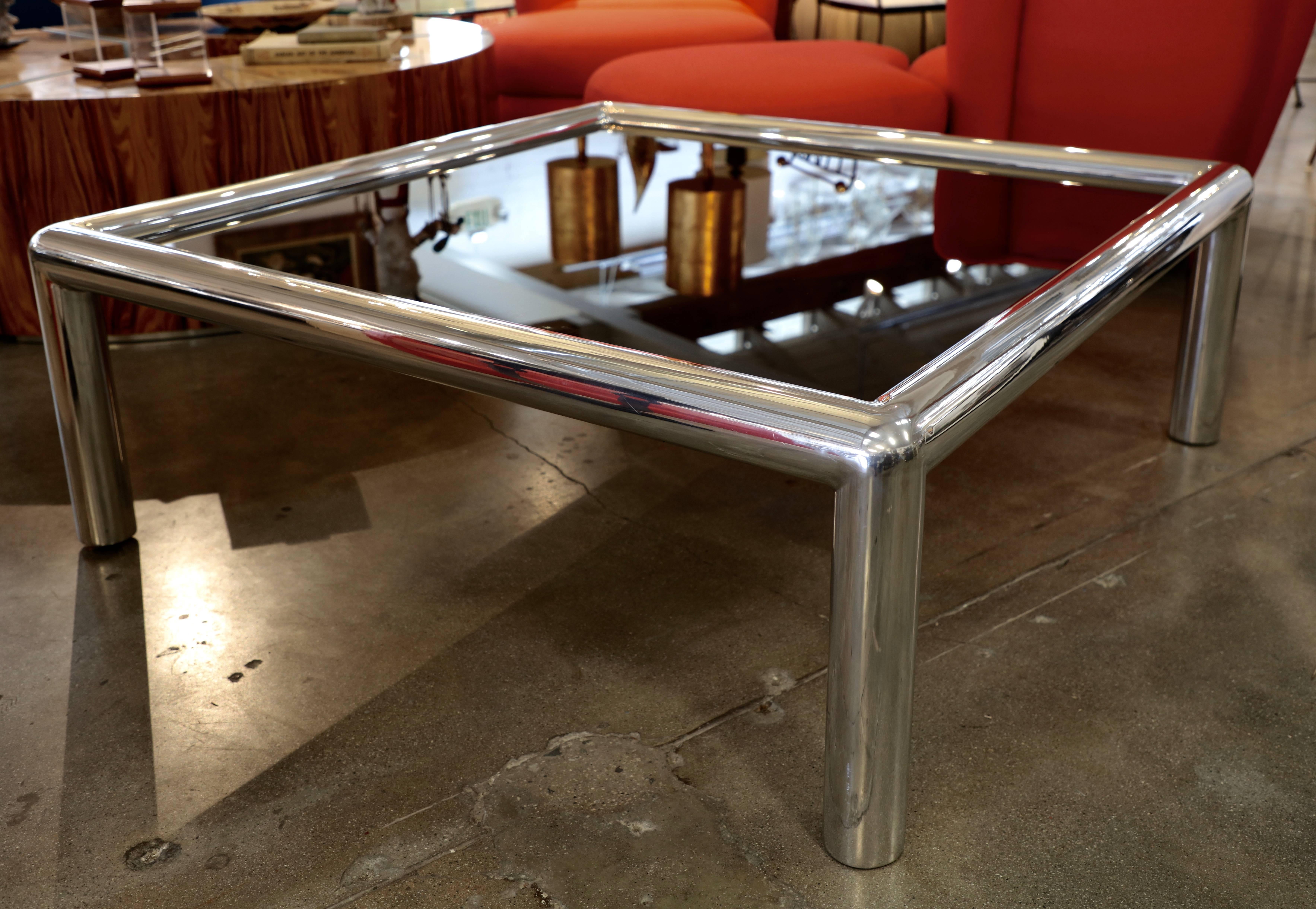 Signed John Mascheroni Aluminum Table with New Bronze Colored Glass In Good Condition In Palm Springs, CA