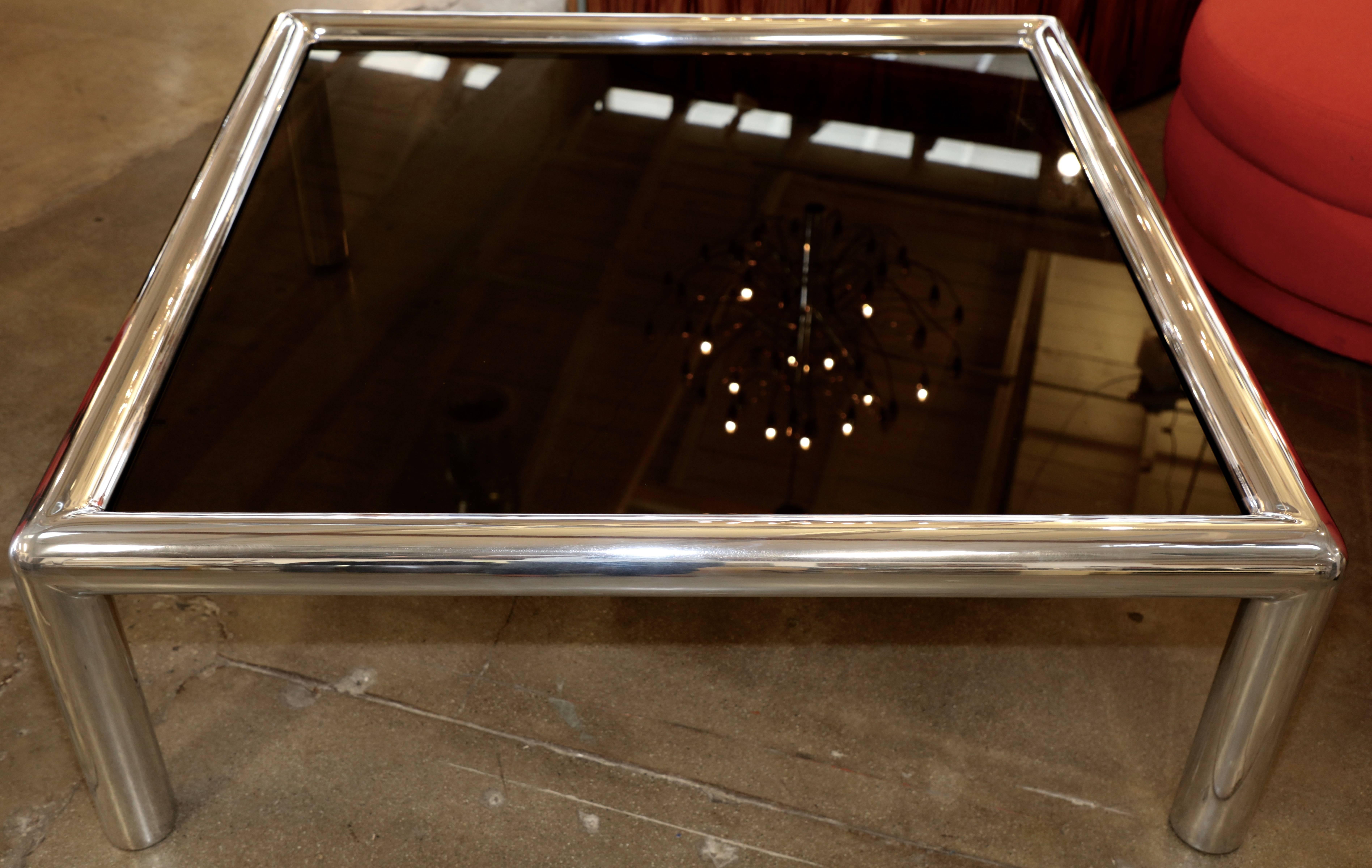 Late 20th Century Signed John Mascheroni Aluminum Table with New Bronze Colored Glass