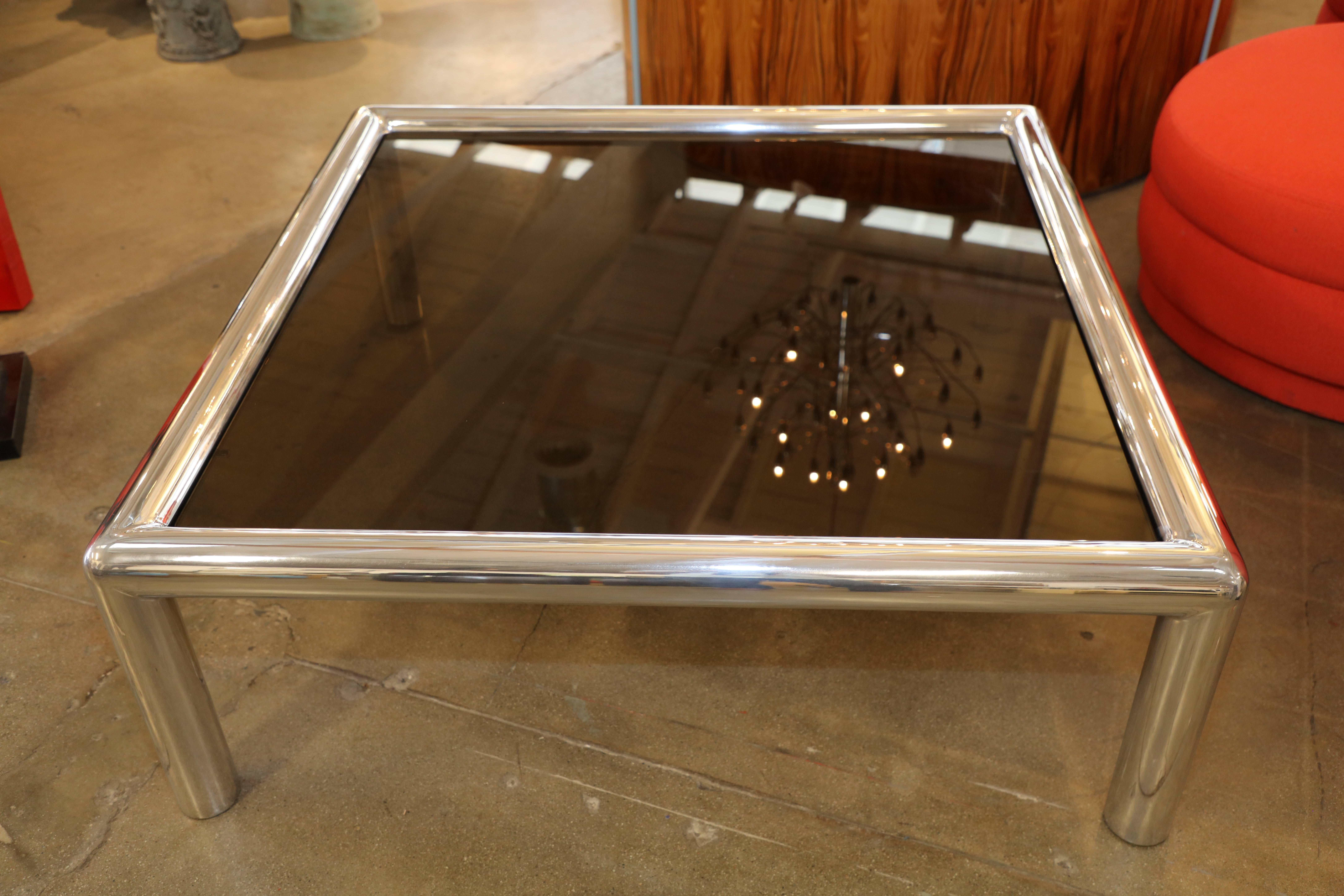 Signed John Mascheroni Aluminum Table with New Bronze Colored Glass 1