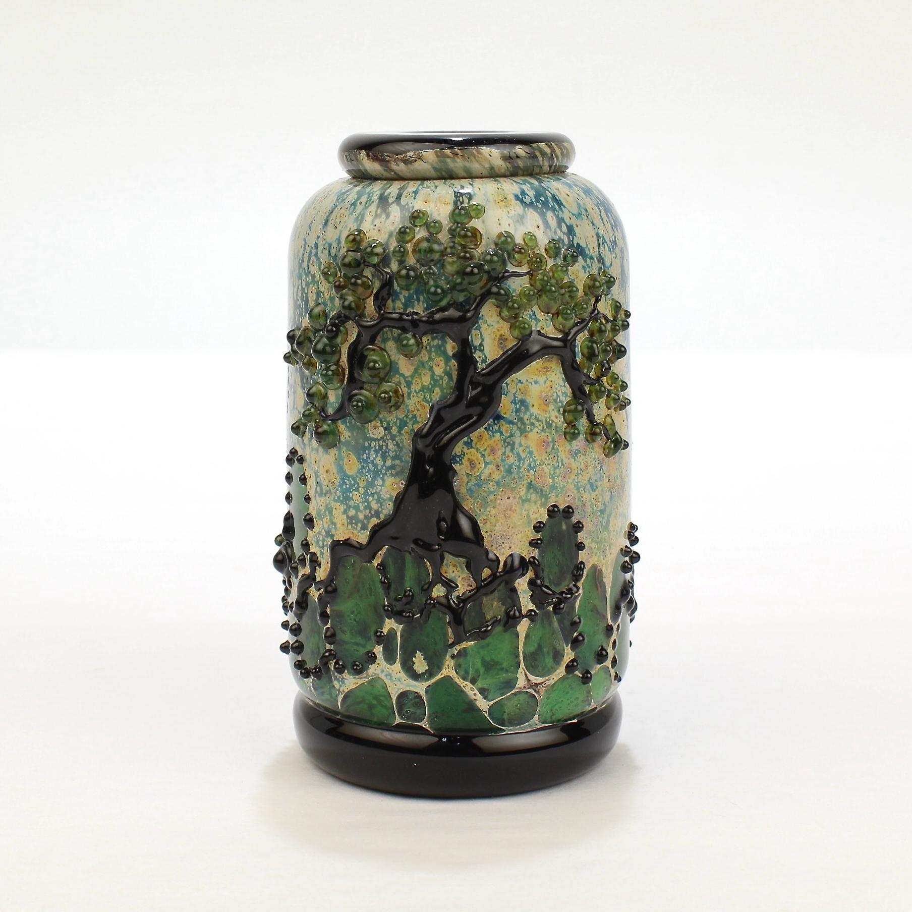 Modern Signed John Nyguren Cabinet Size Art Glass Vase with Trees