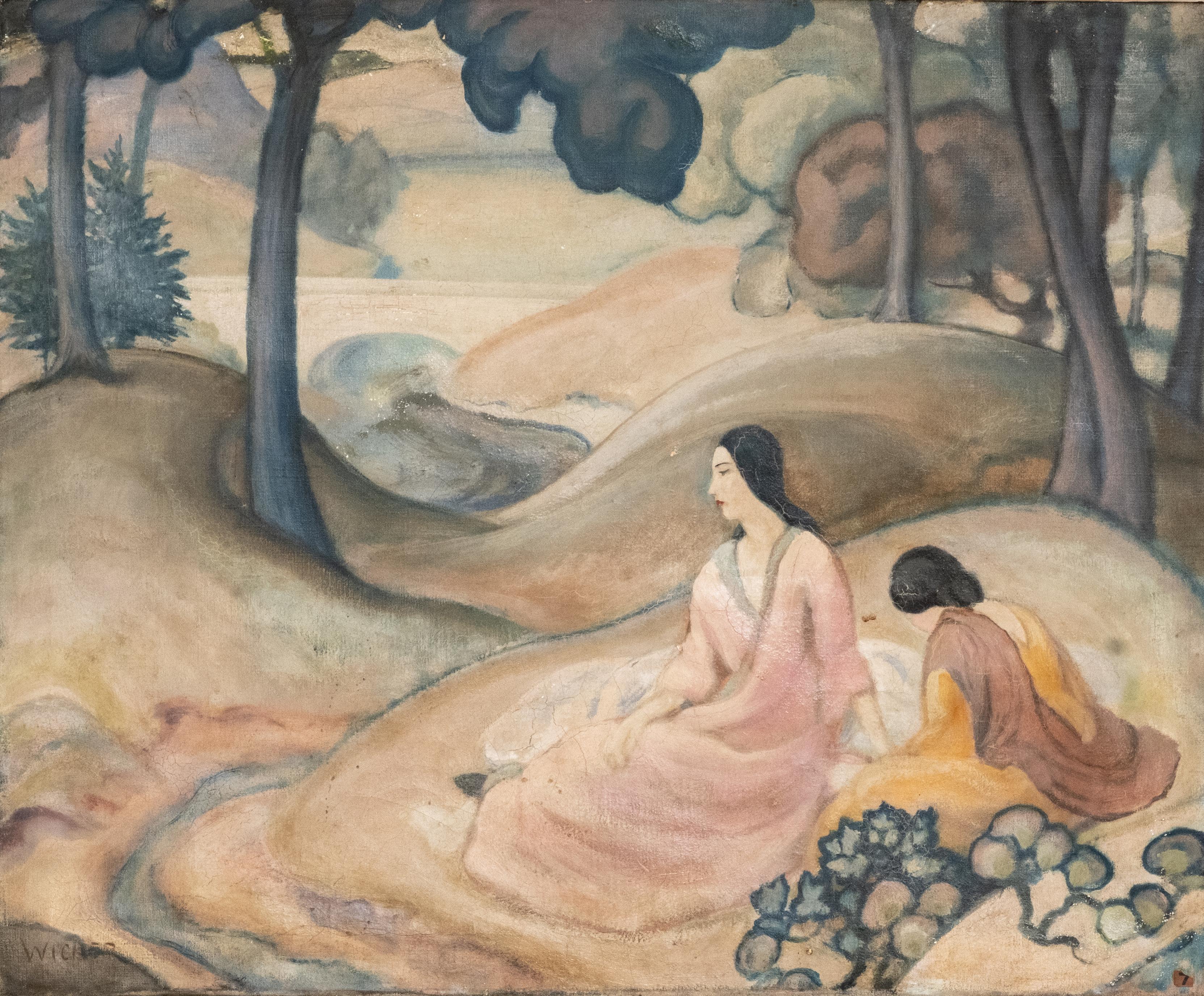 John Palmer Wicker (American, 1860-1931), 'Two Women in a Landscape, #7'. Oil painting on canvas. Art nouveau and impressionist influenced. Depicting two female figures seated near a forest stream. Signed lower left, #7 label lower right.