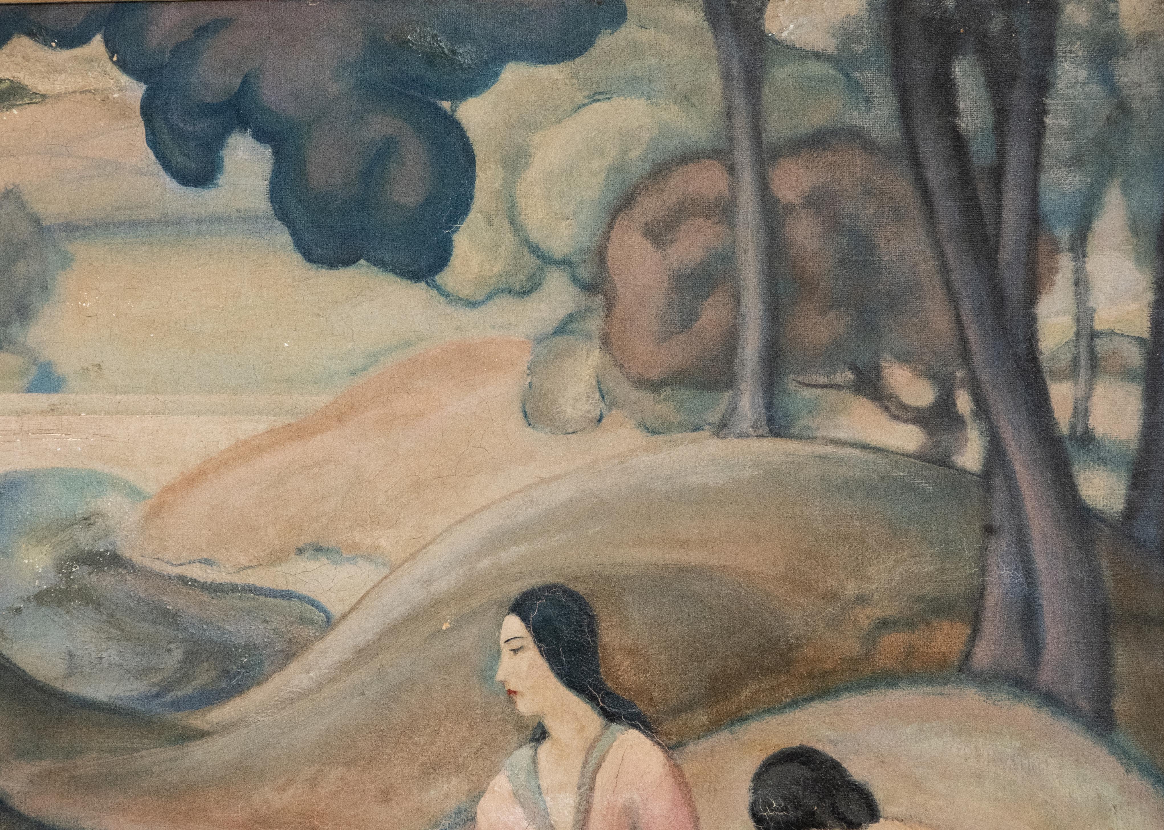 20th Century Signed John Palmer Wicker, 'Two Women in a Landscape, #7', Oil on Canvas