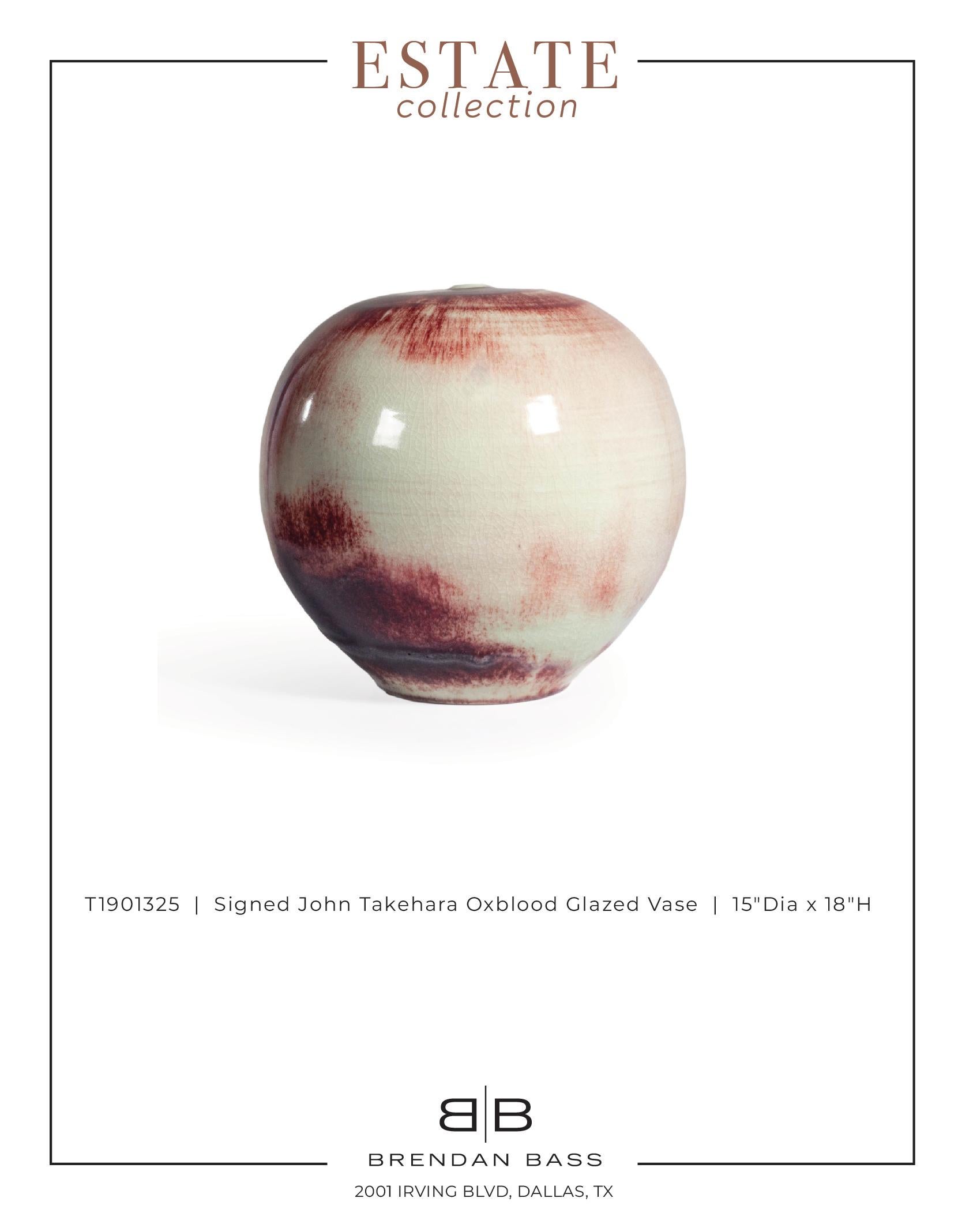 Pottery Signed John Takehara Oxblood Glazed Vase For Sale
