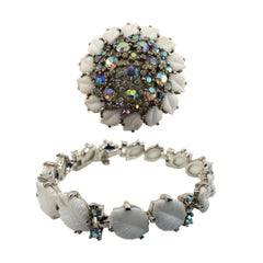 Signed Jomaz Antique White Glass and Rhinestone Brooch and Bracelet Set