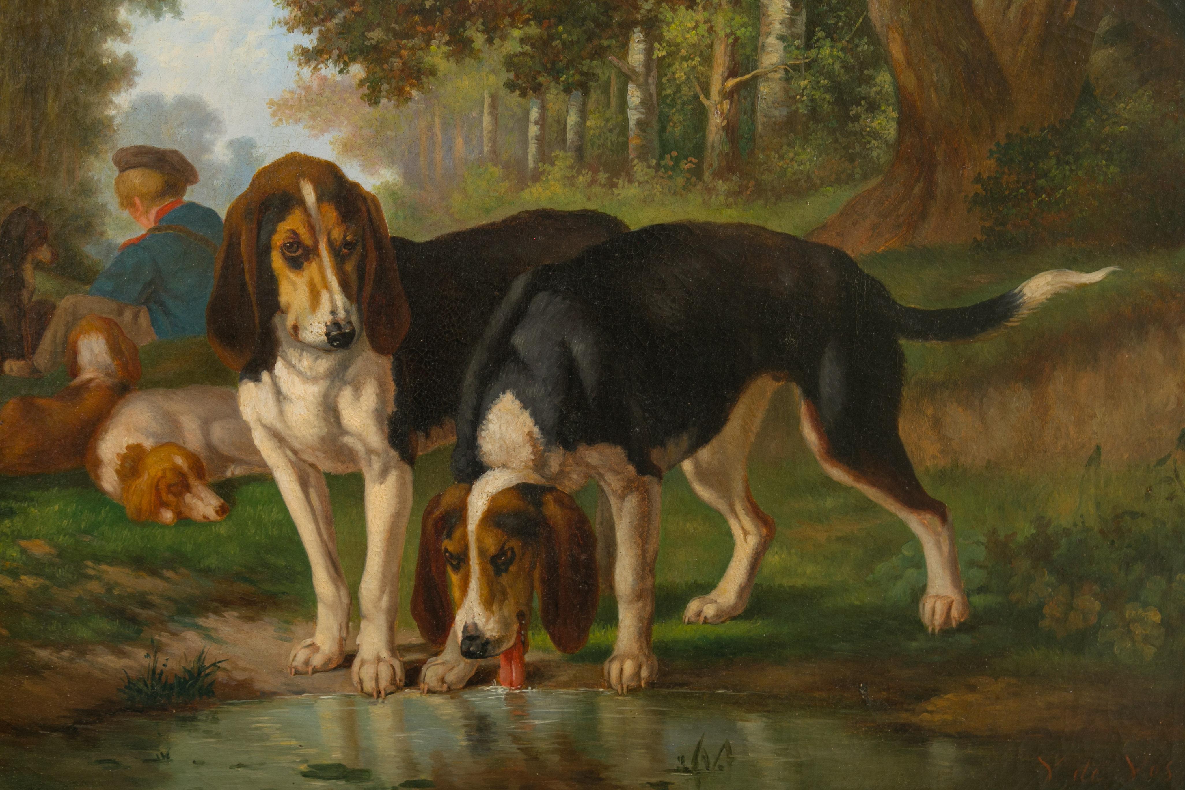 Signé Joost-Vincent De Vos Peinture à l'huile du 19ème siècle représentant des chiens de chasse et un garçon en vente 4