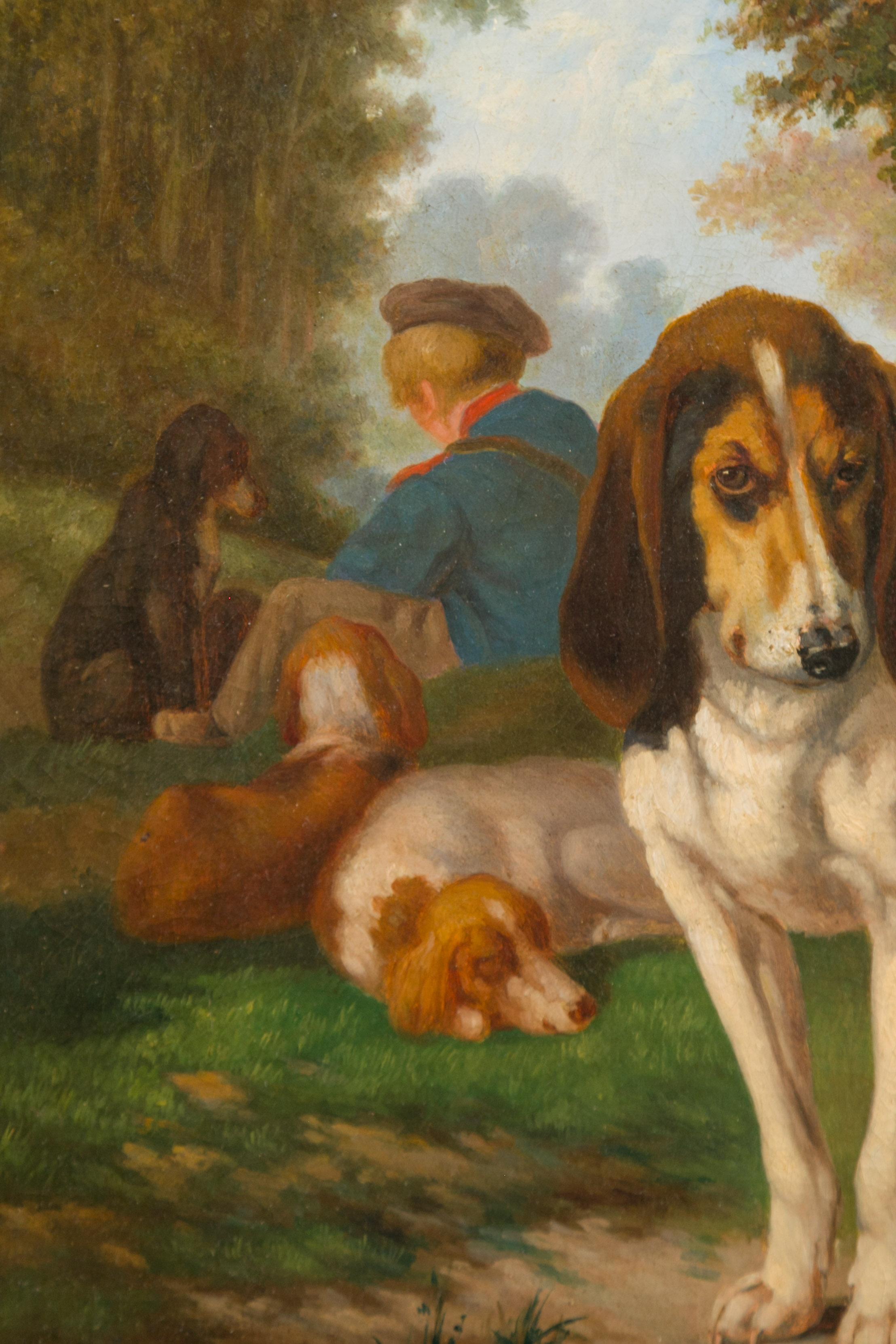 Signé Joost-Vincent De Vos Peinture à l'huile du 19ème siècle représentant des chiens de chasse et un garçon en vente 5