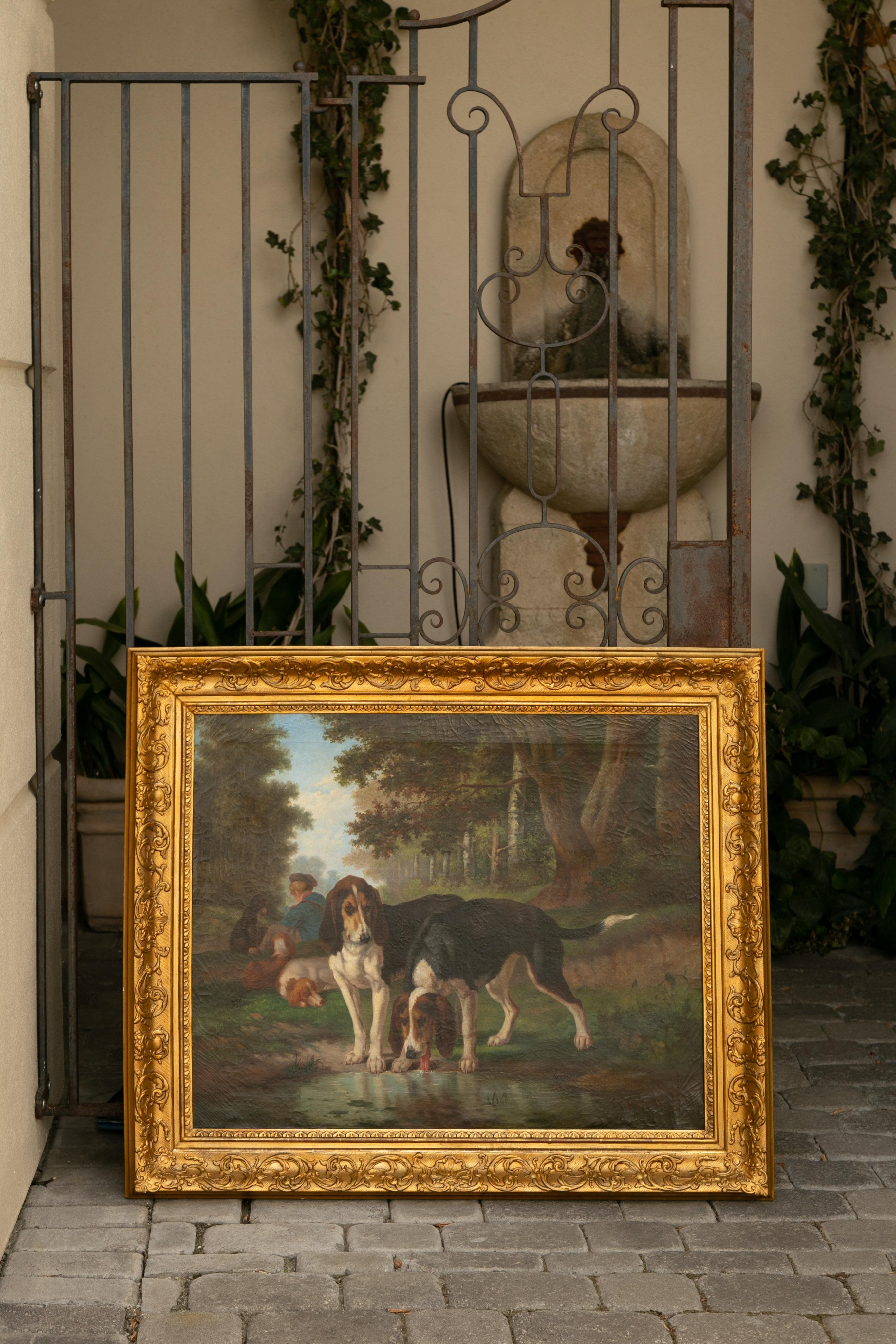 Signed Joost-Vincent De Vos 19th Century Oil Painting Depicting Hounds and Boy For Sale 6