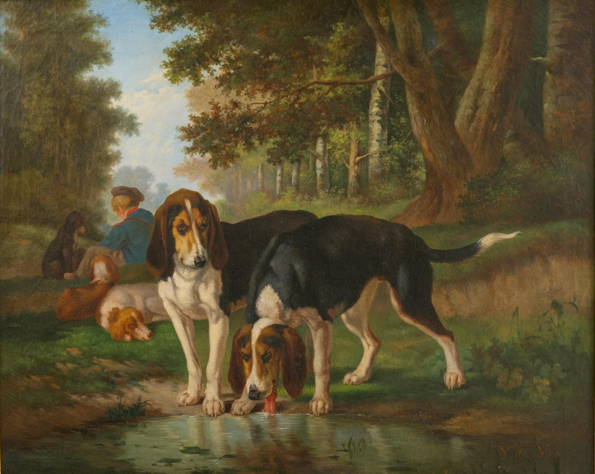 A Belgian signed Joost-Vincent De Vos oil on canvas dog painting from the 19th century depicting hounds and a young boy near a pond. Created in the 19th century by animal painter Joost-Vincent De Vos (1829-1875), this oil on canvas painting depicts