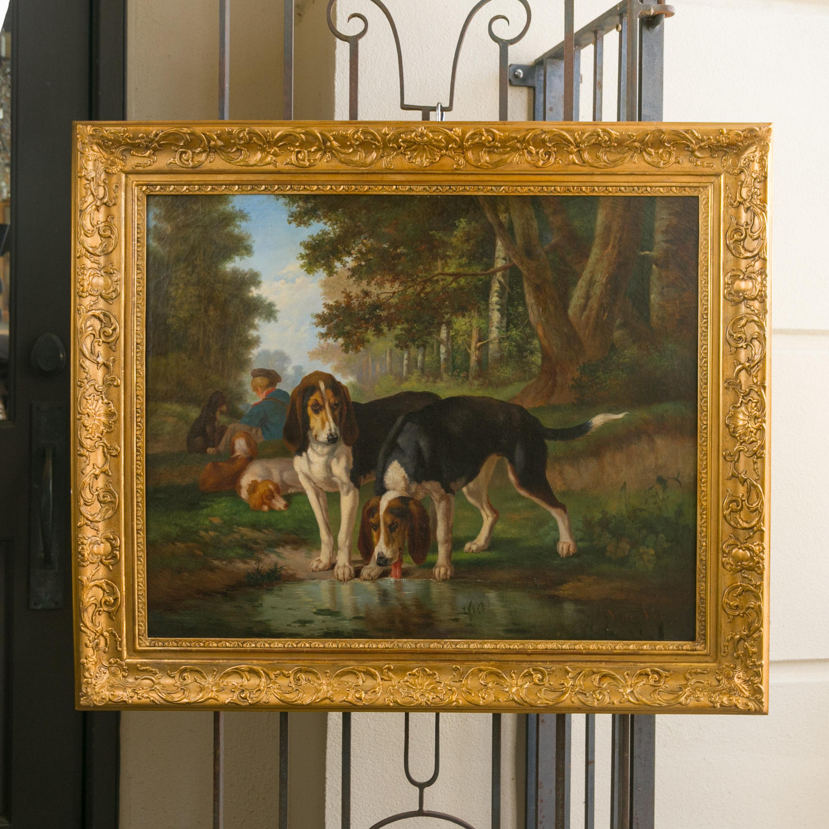 Belge Signé Joost-Vincent De Vos Peinture à l'huile du 19ème siècle représentant des chiens de chasse et un garçon en vente