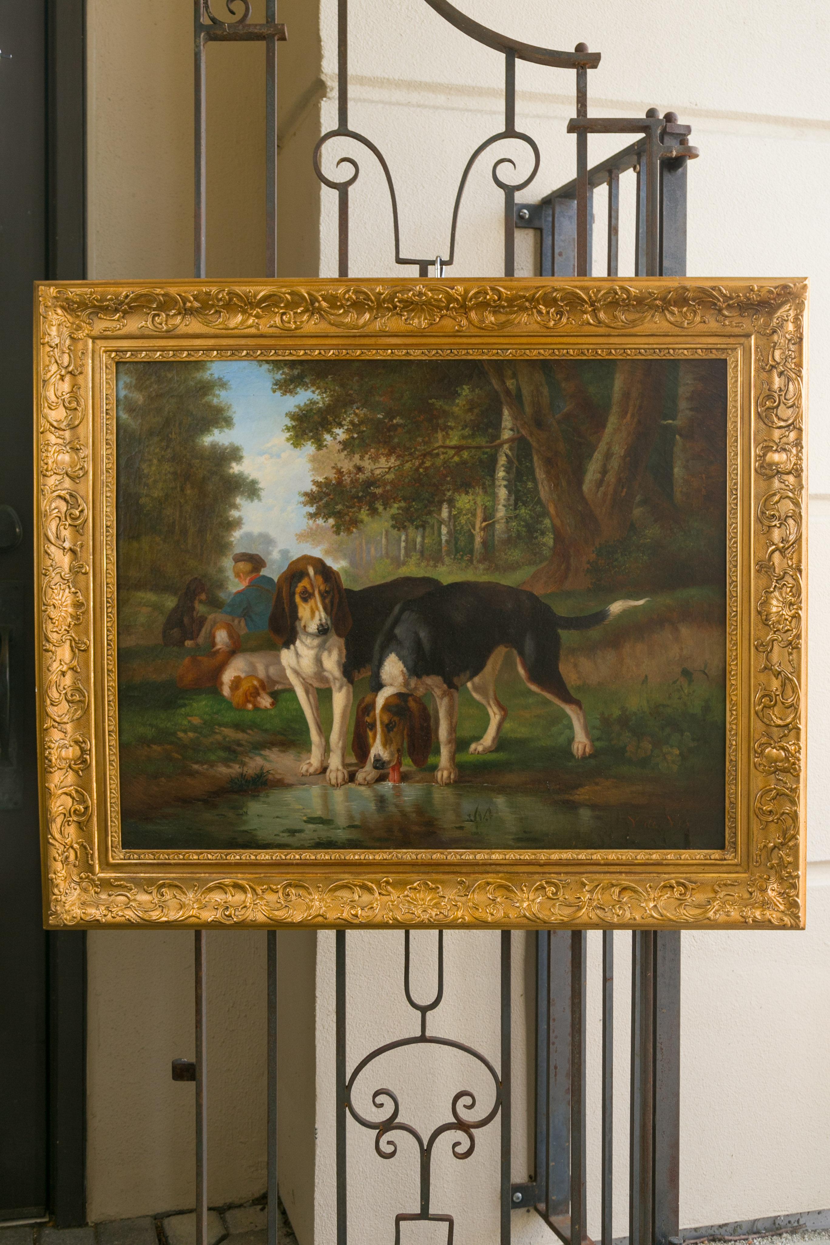 Signé Joost-Vincent De Vos Peinture à l'huile du 19ème siècle représentant des chiens de chasse et un garçon Bon état - En vente à Atlanta, GA