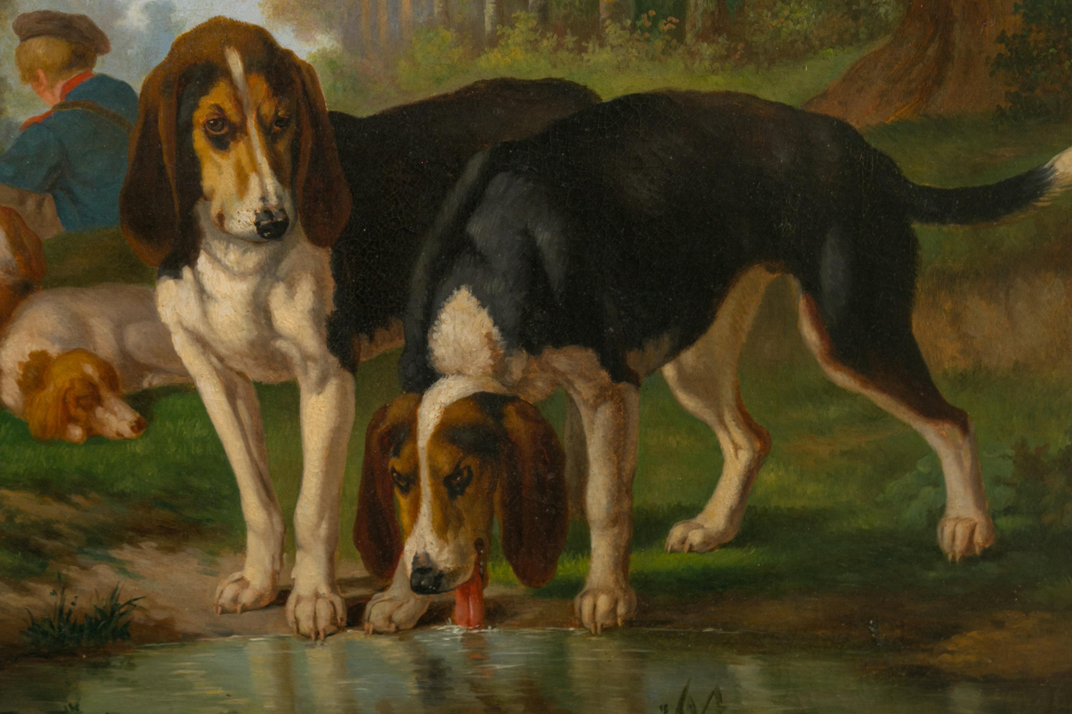 Signé Joost-Vincent De Vos Peinture à l'huile du 19ème siècle représentant des chiens de chasse et un garçon en vente 3