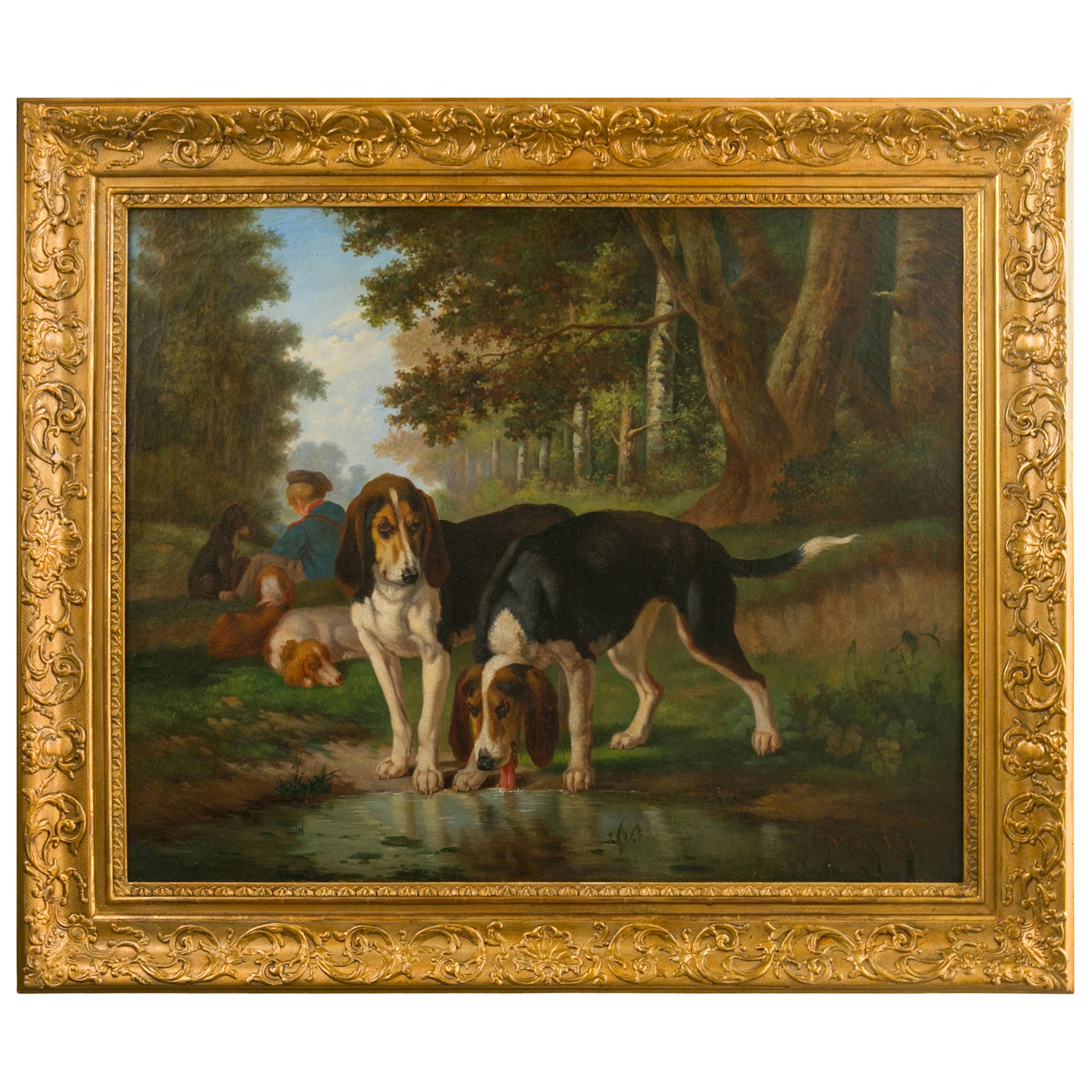 Signé Joost-Vincent De Vos Peinture à l'huile du 19ème siècle représentant des chiens de chasse et un garçon en vente
