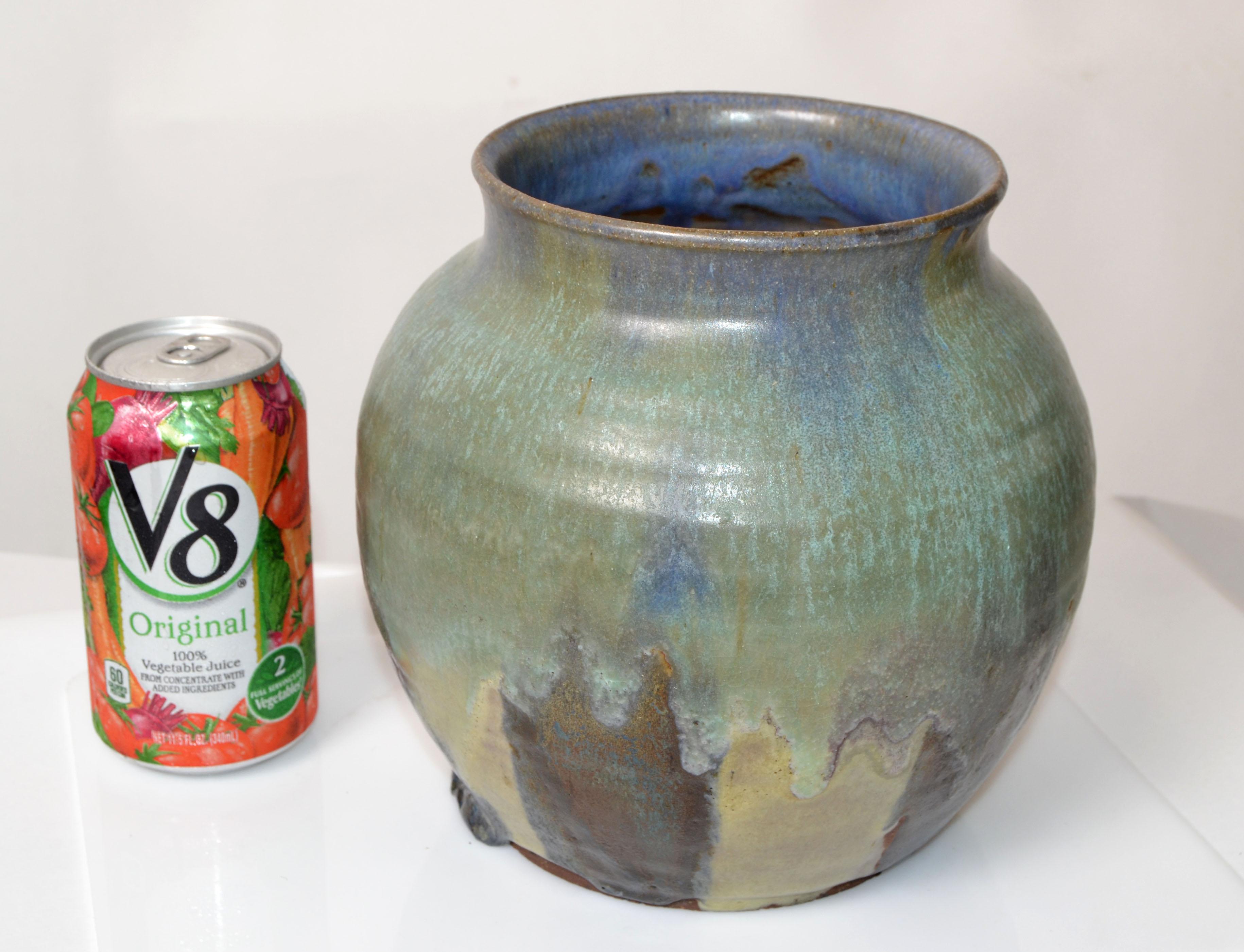Signed Joseph Pottery Mint Green Blue & Brown Ceramic Bowl Vase Vessel American For Sale 2