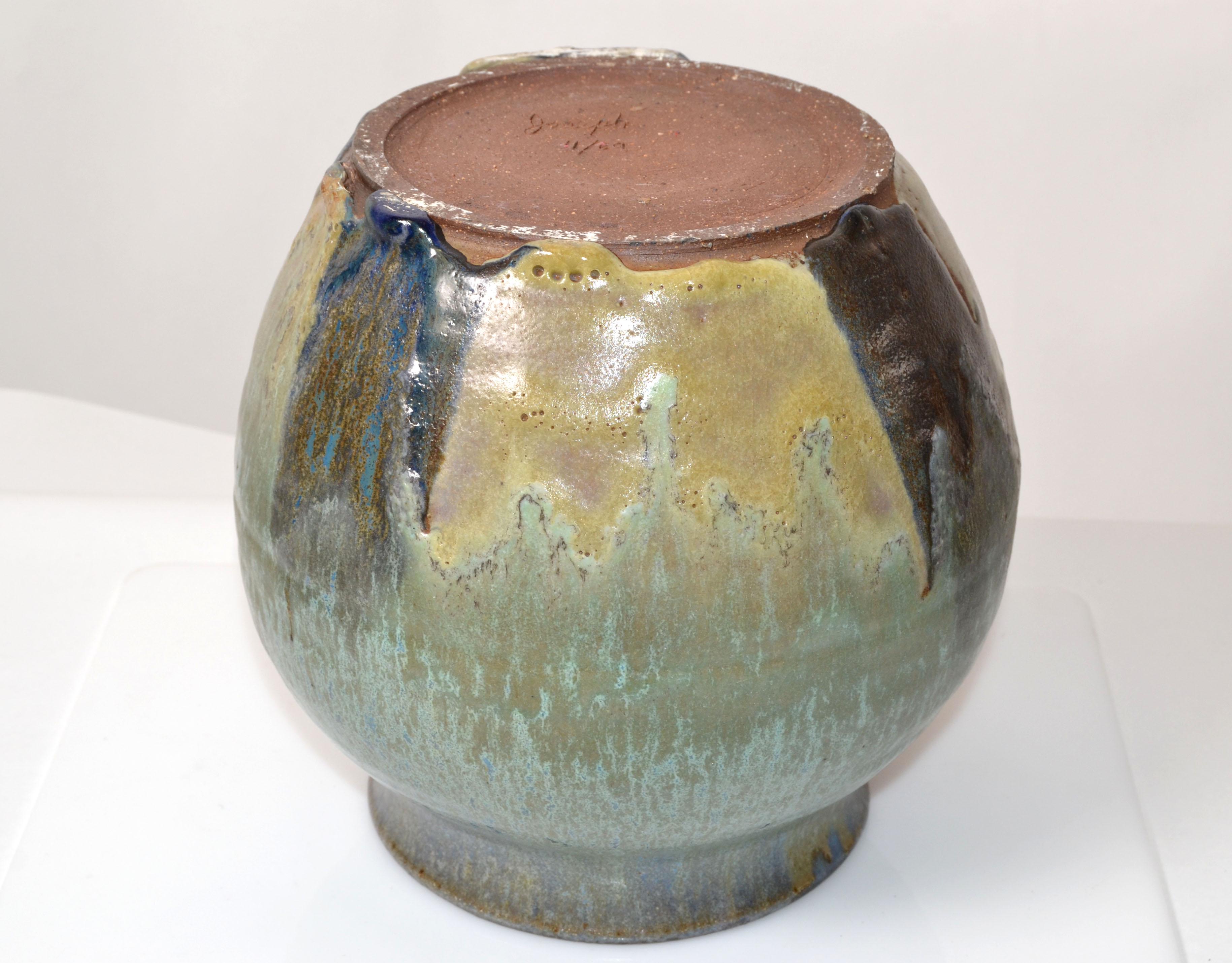 Signed Joseph Pottery Mint Green Blue & Brown Ceramic Bowl Vase Vessel American For Sale 3