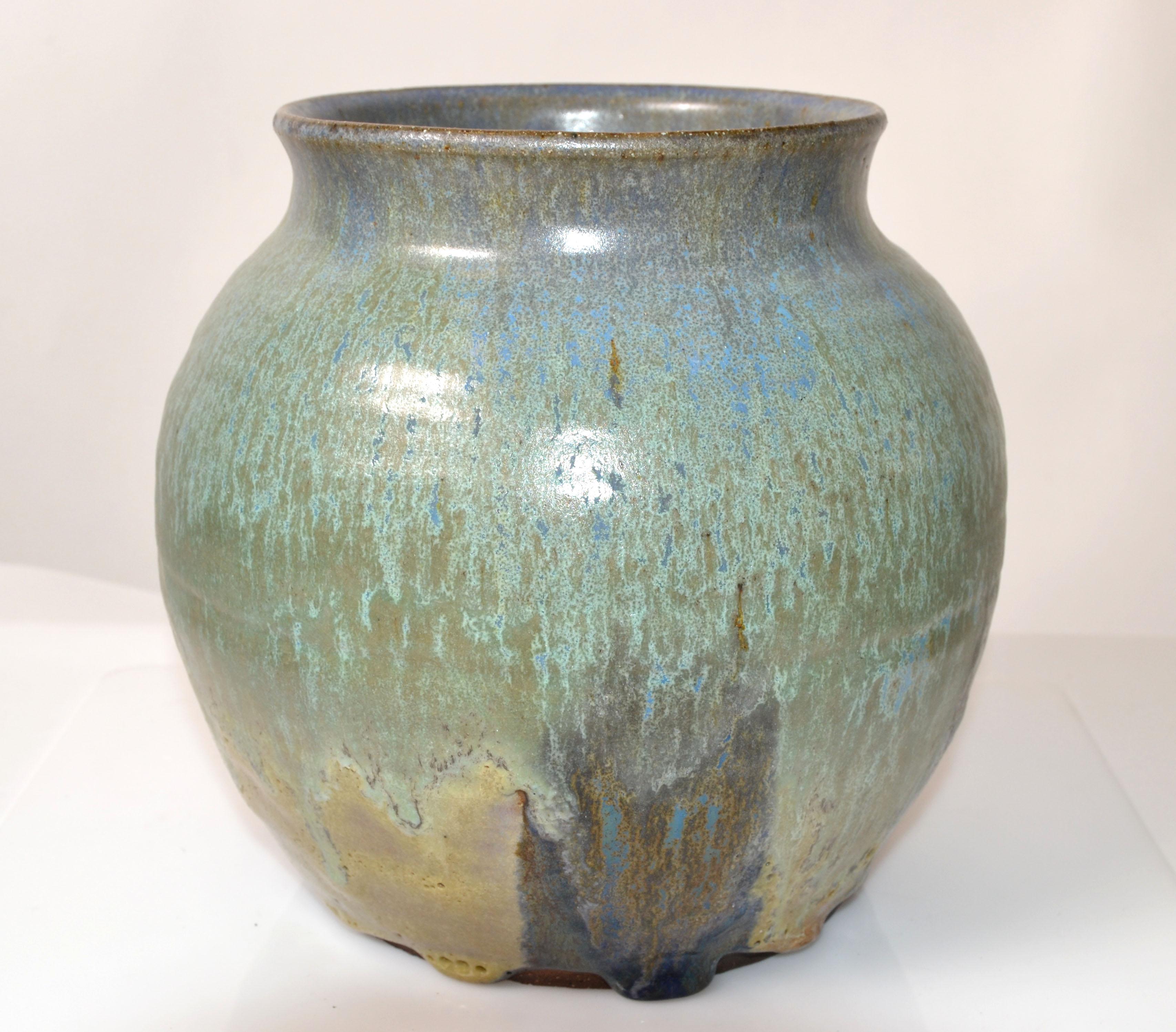 Signed Joseph Pottery Mint Green Blue & Brown Ceramic Bowl Vase Vessel American For Sale 4