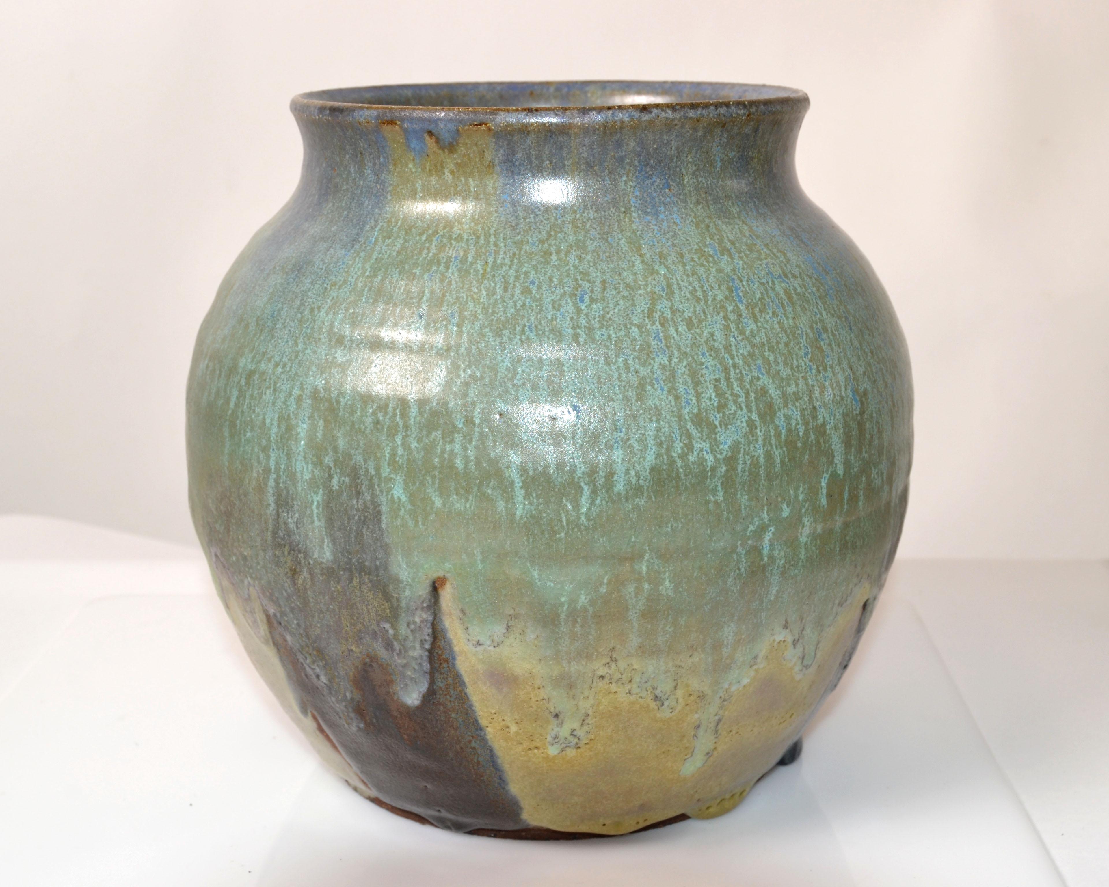 Signed Joseph Pottery Mint Green Blue & Brown Ceramic Bowl Vase Vessel American For Sale 5