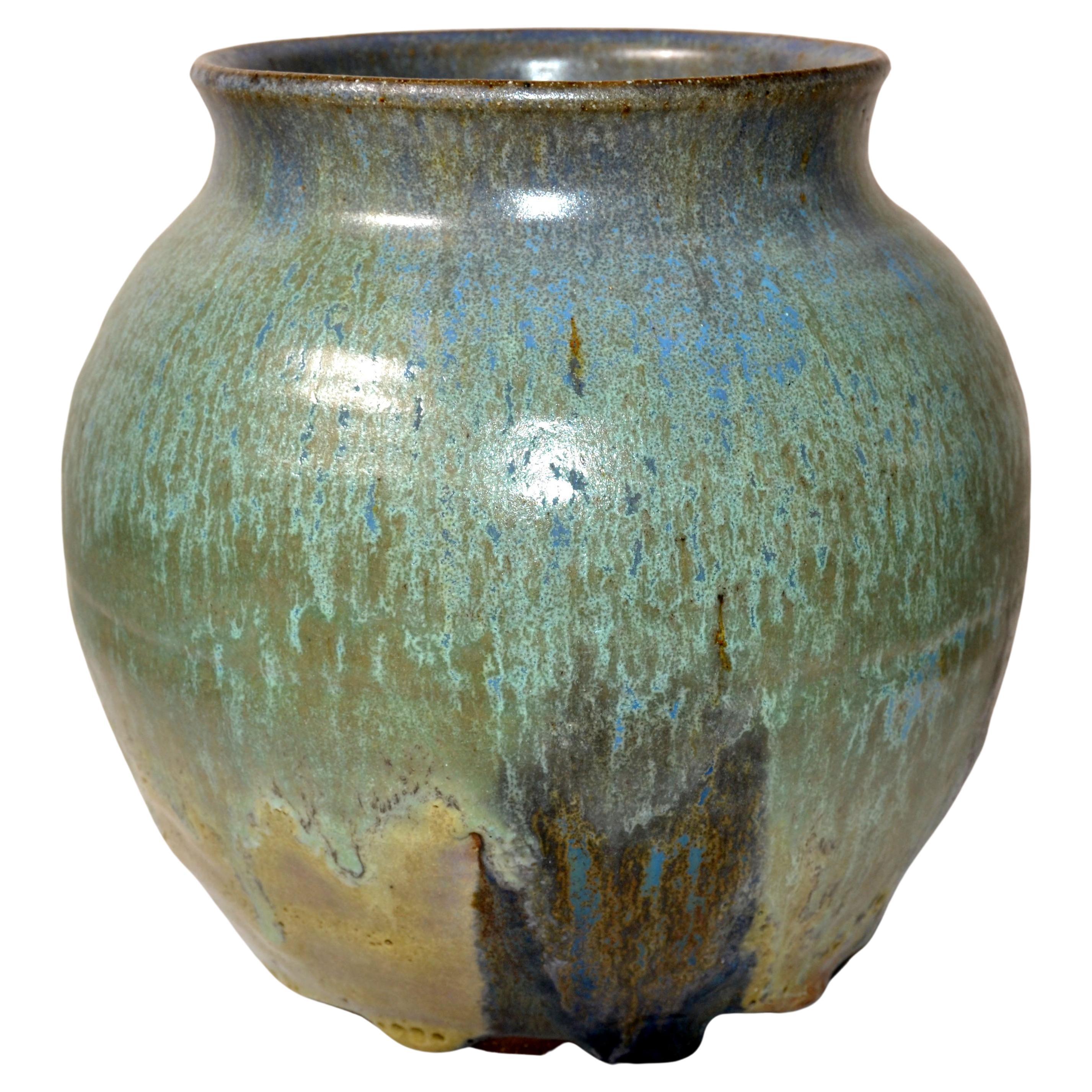 Signed Joseph glazed grey, mint green, blue and brown, green Pottery ceramic bowl, vase, vessel.
Signed by Artist at the base. Joseph, 11/69.
This bowl is perfect on display or used as a vase on an entry table.