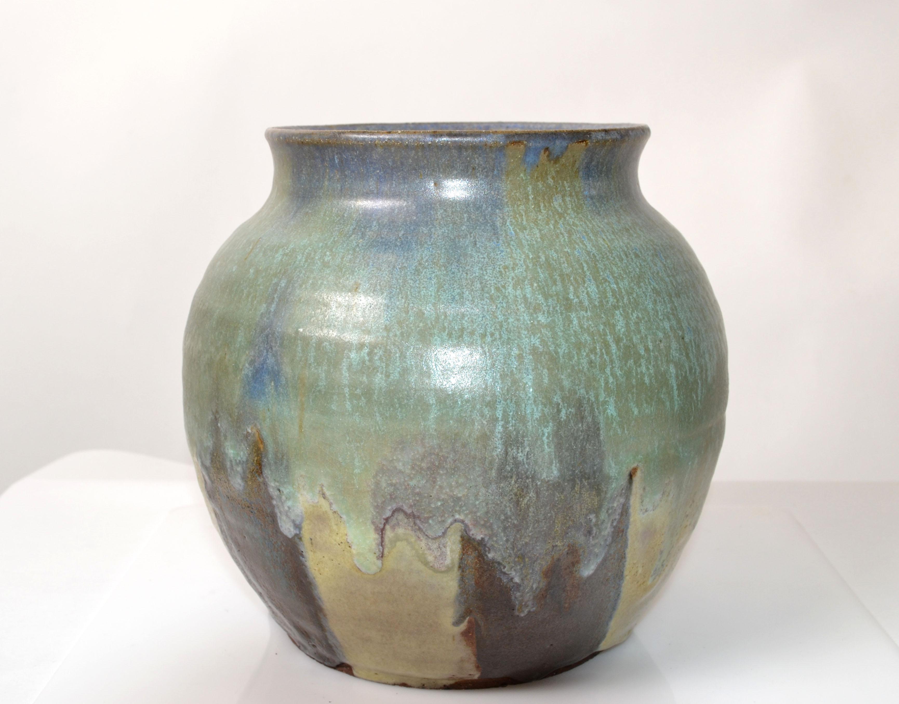 American Craftsman Signed Joseph Pottery Mint Green Blue & Brown Ceramic Bowl Vase Vessel American For Sale