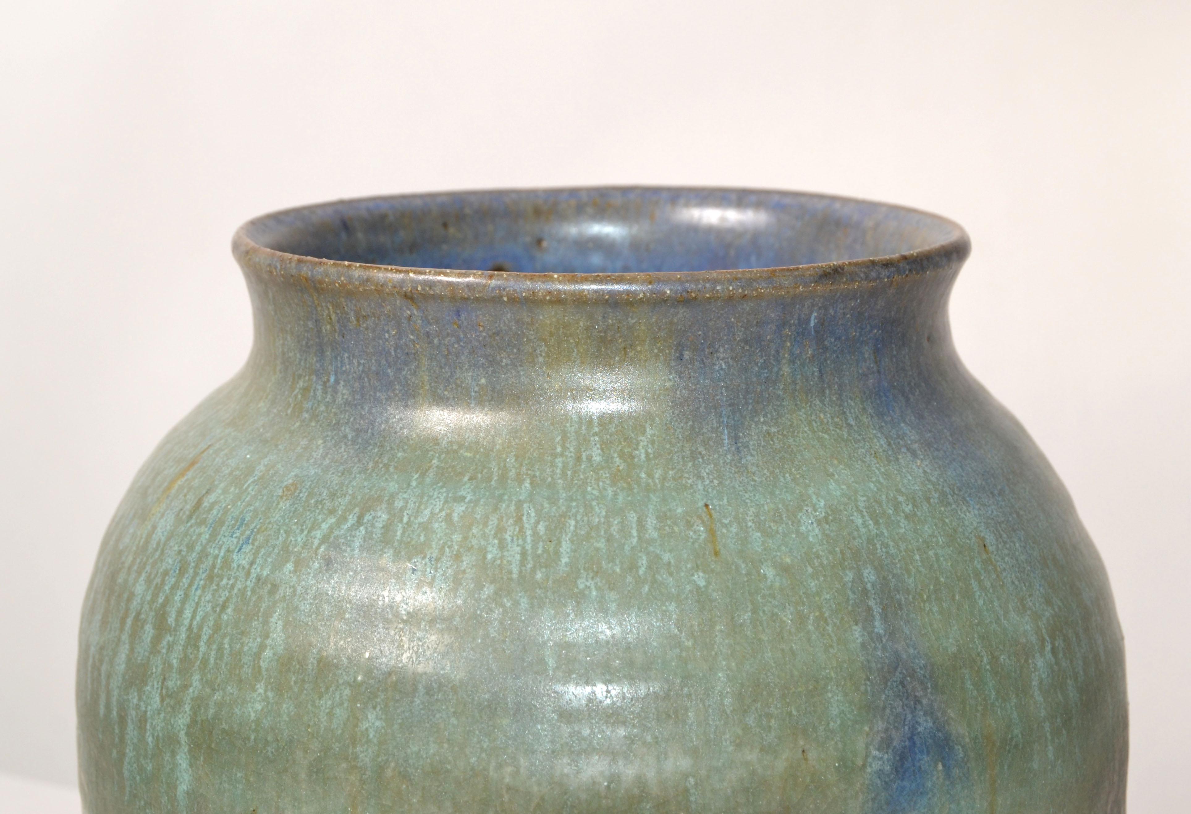 Signed Joseph Pottery Mint Green Blue & Brown Ceramic Bowl Vase Vessel American In Good Condition For Sale In Miami, FL