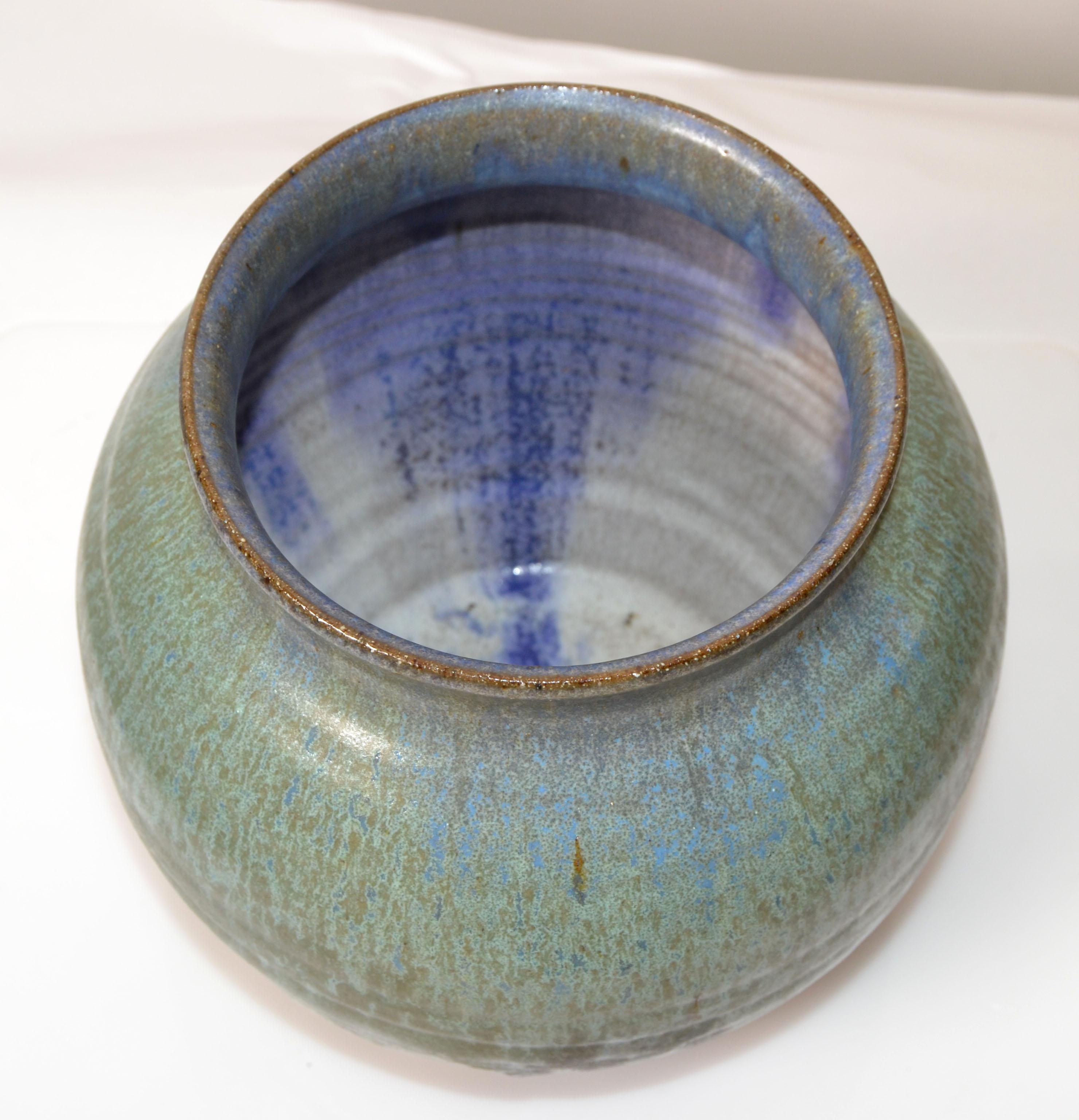 Mid-20th Century Signed Joseph Pottery Mint Green Blue & Brown Ceramic Bowl Vase Vessel American For Sale