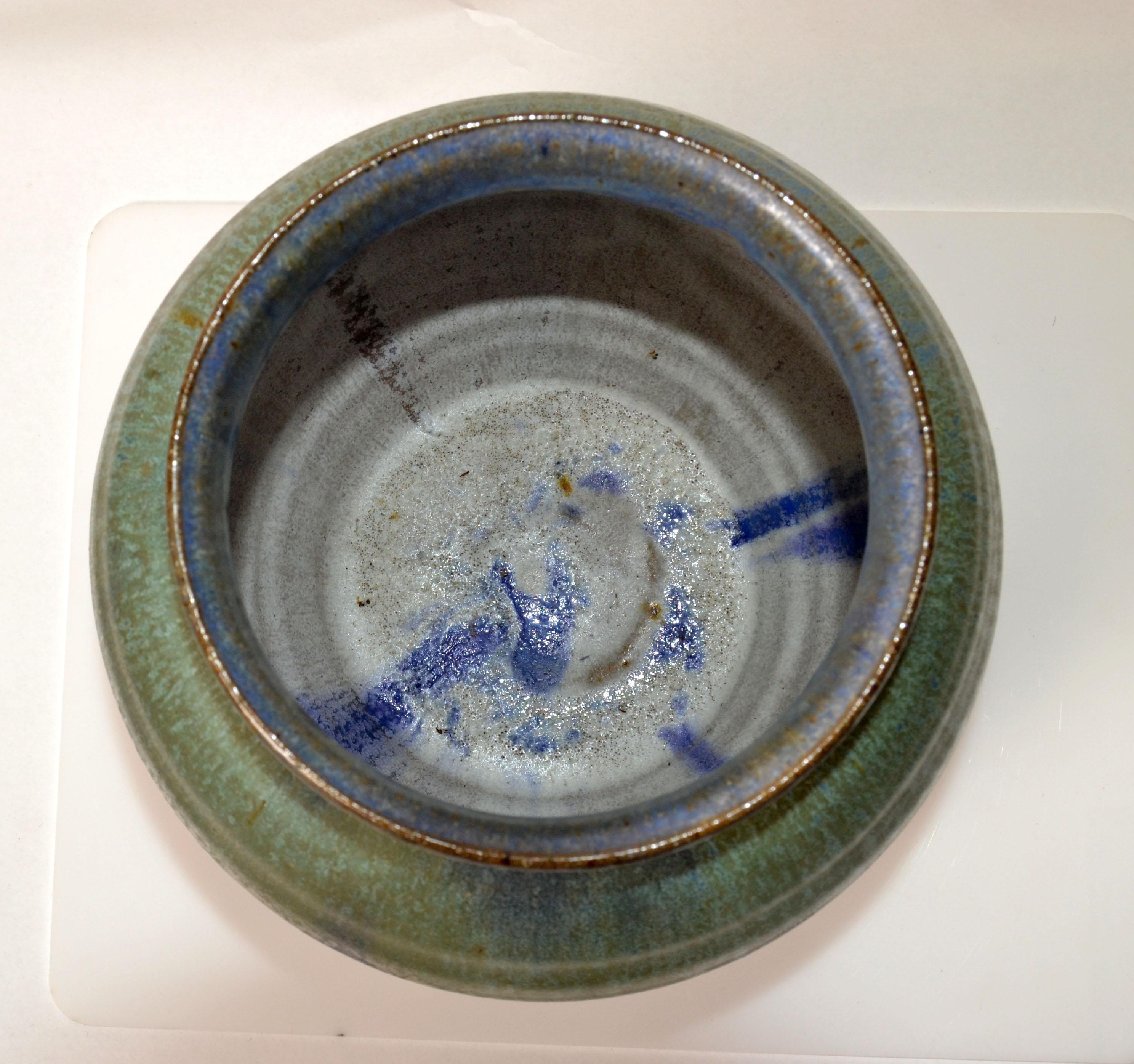 Signed Joseph Pottery Mint Green Blue & Brown Ceramic Bowl Vase Vessel American For Sale 1