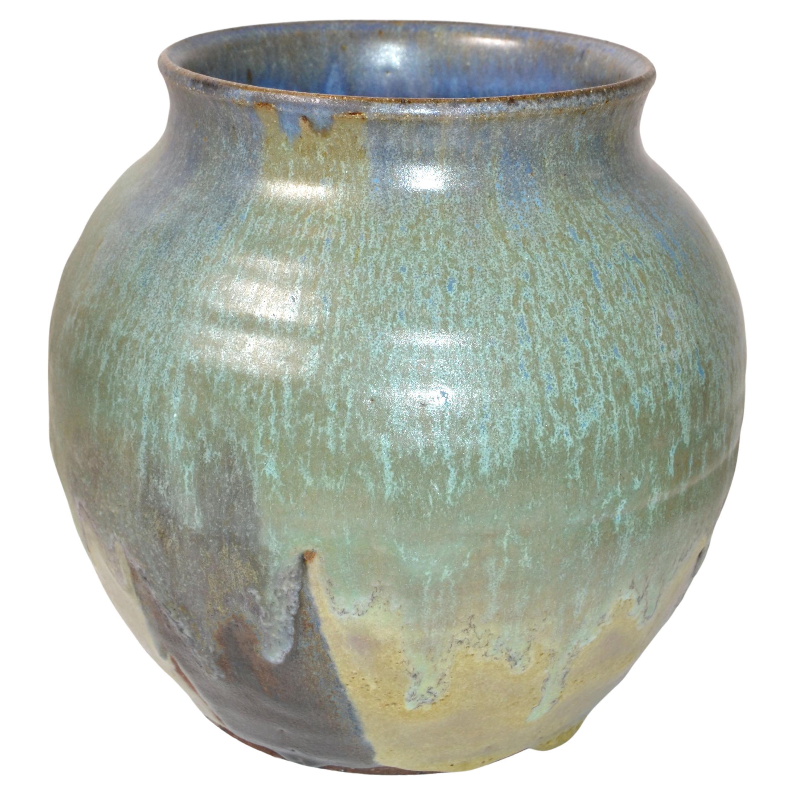 Signed Joseph Pottery Mint Green Blue & Brown Ceramic Bowl Vase Vessel American For Sale