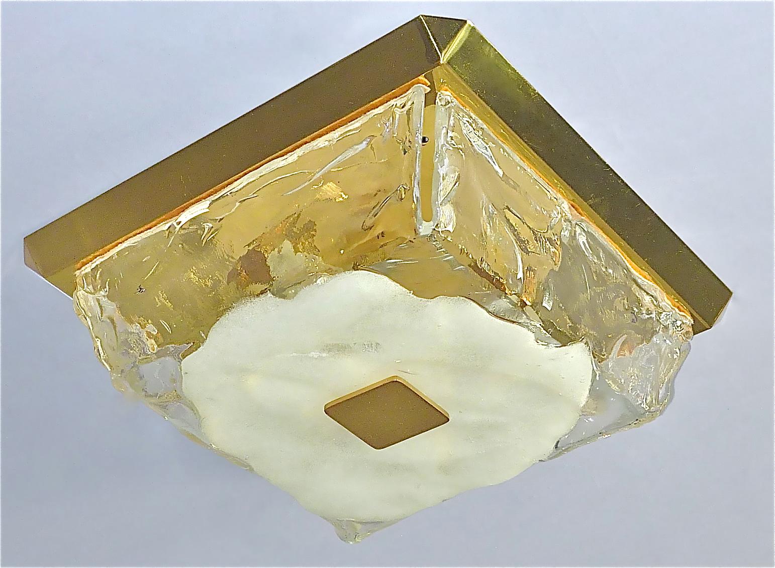 Signed beautiful square Austrian flush mount ceiling lamp or large wall light by J.T. Kalmar, Austria, circa 1960-1970, made of brass and Murano crystal glass. The modern and stylish model is typical for Kalmar, highest quality comparable with