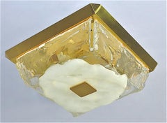 Signed J.T. Kalmar Square Flush Mount Ceiling Wall Lamp Brass Murano Glass 1960s