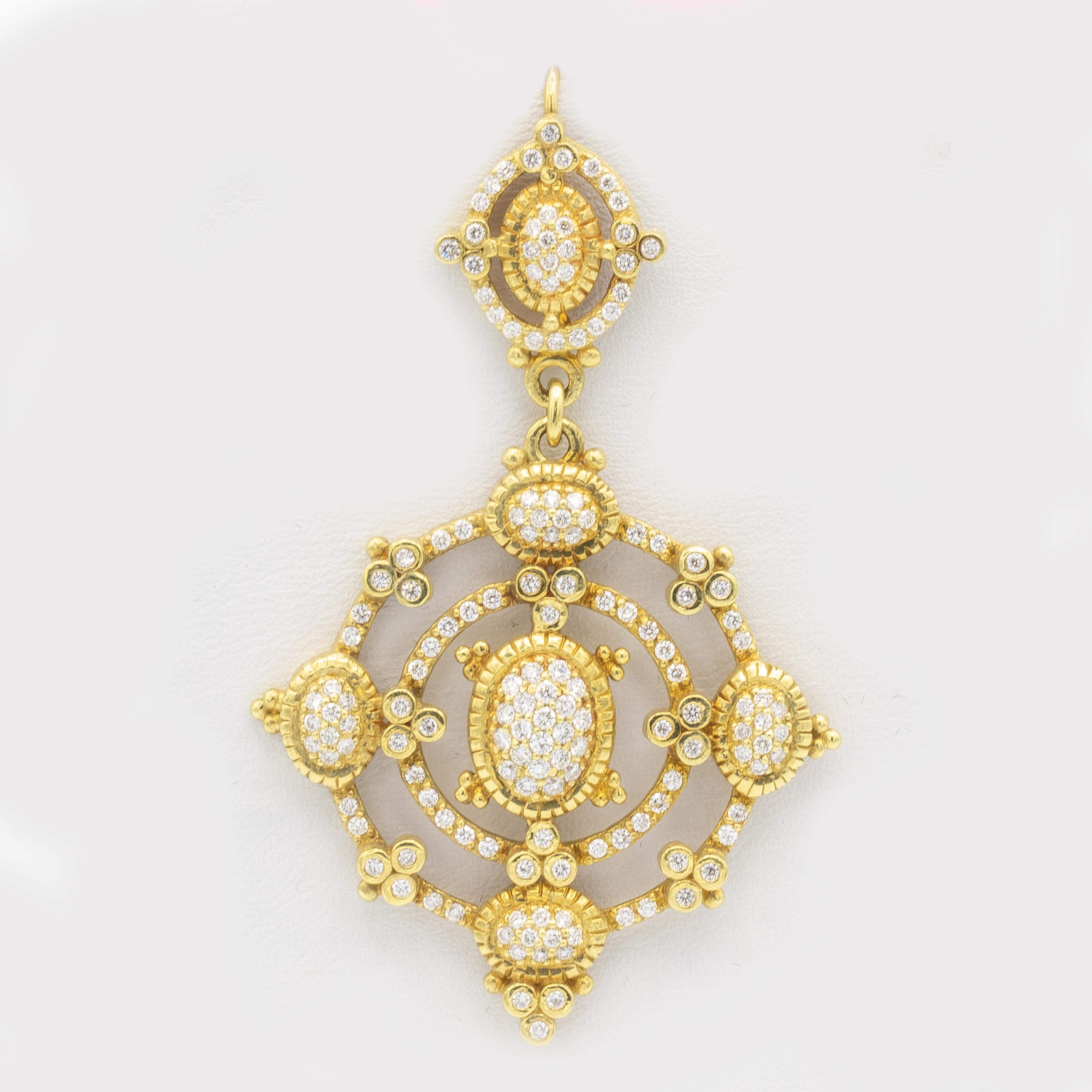 These Elegant Signed Judith Ripka Earrings Pair Elegantly with Any Other Gold Jewelry, Or Delicately Round off Any Outfit and They Become the Star of the Show Immediately.  
Diamonds = 4.80 carats
( Color: G, Clarity: VS )
18K Yellow Gold
Signed