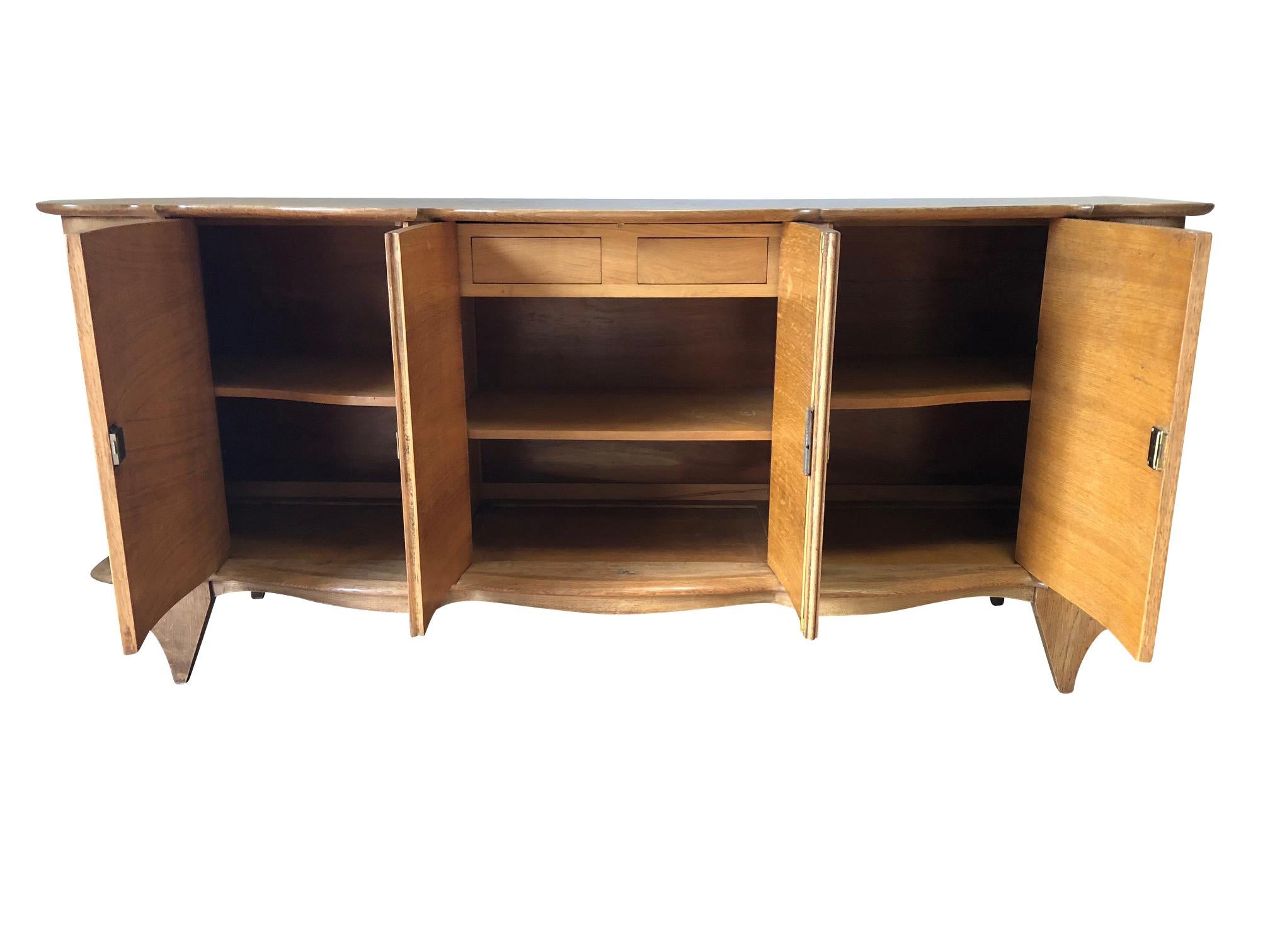 French Signed Jules Leleu Curved Facade Parquetry Pattern Credenza, France, 1940s